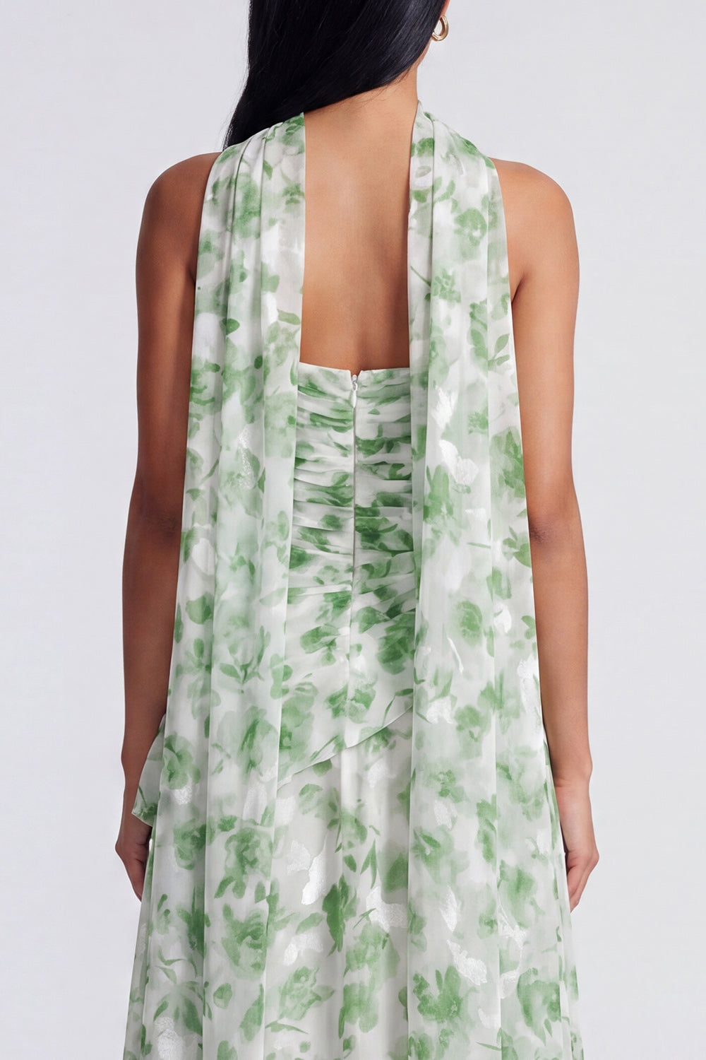 Light Green Floral Ruched A Line Strapless Long Wedding Guest Dress