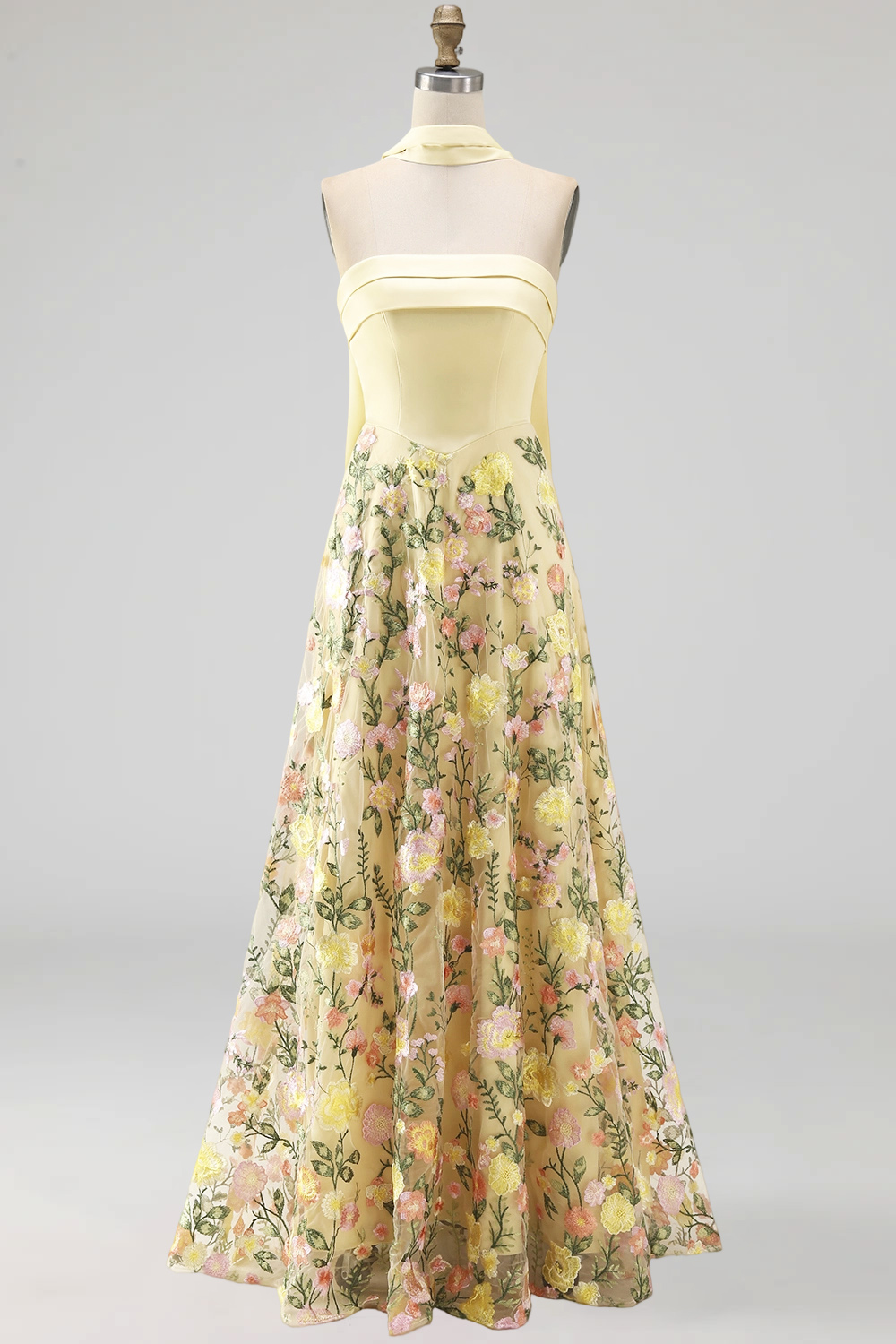 Butter Yellow A Line Floral Strapless Embroidered Long Wedding Guest Dress