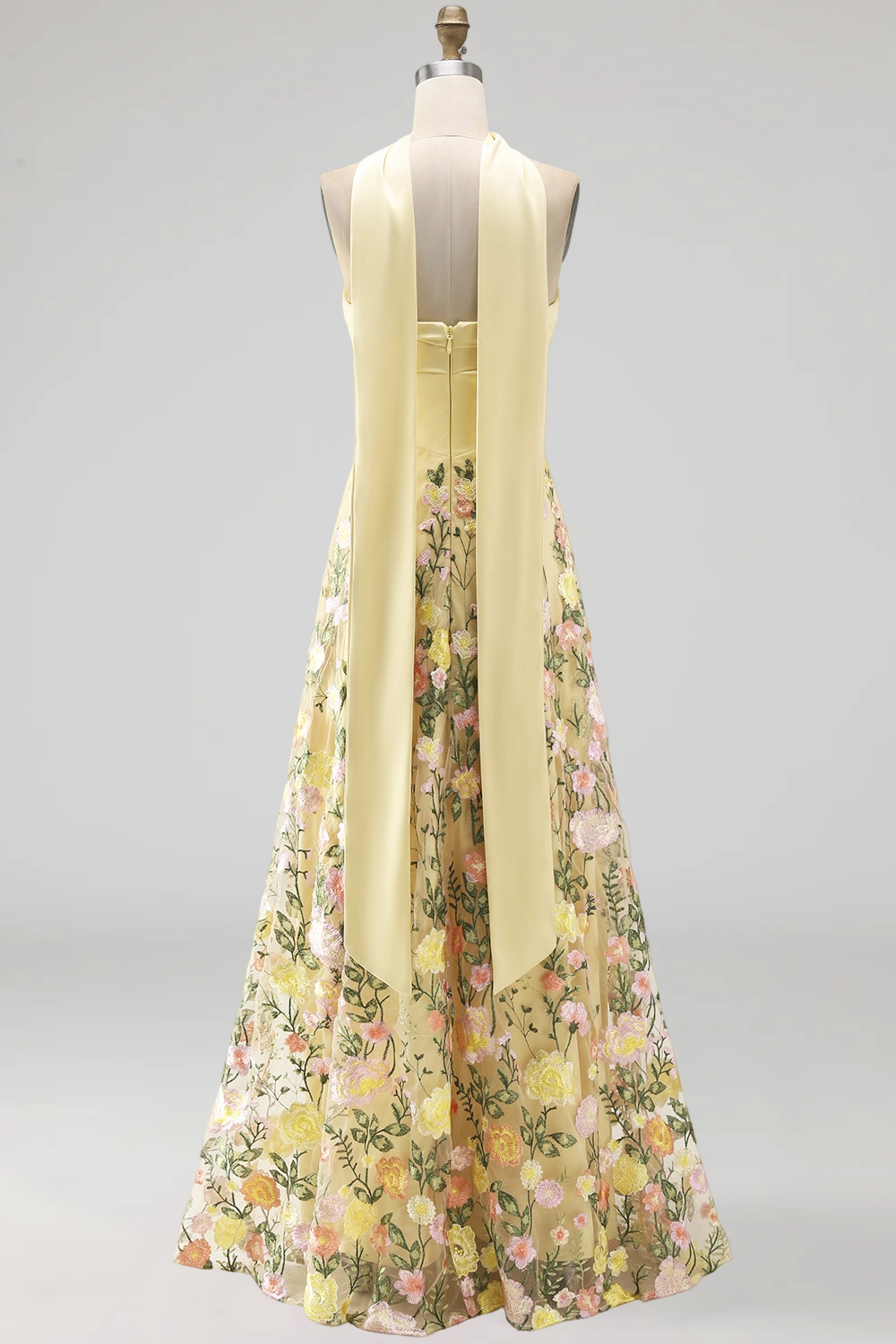 Butter Yellow A Line Floral Strapless Embroidered Long Wedding Guest Dress