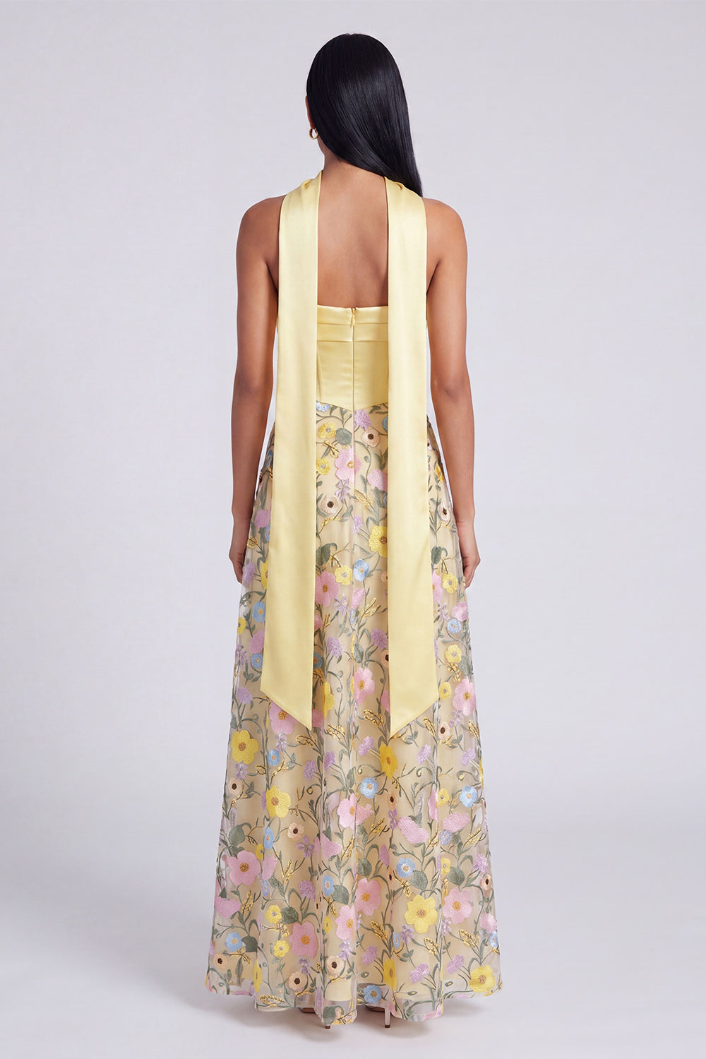 Butter Yellow A Line Floral Strapless Embroidered Long Wedding Guest Dress