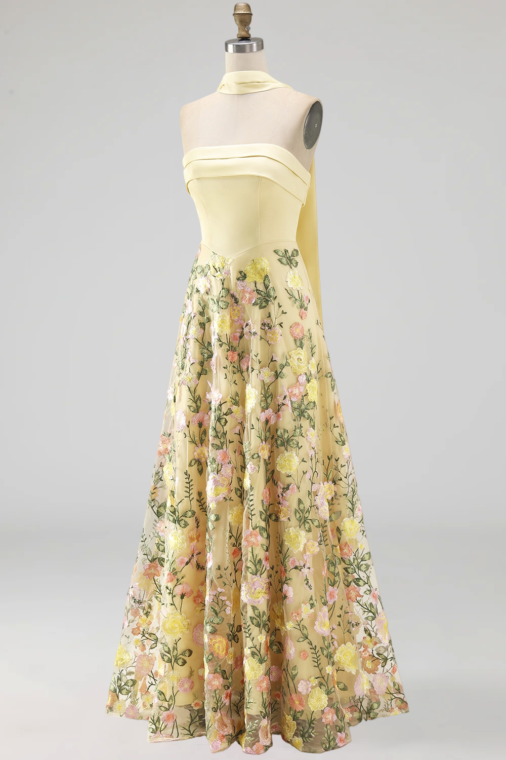 Butter Yellow A Line Floral Strapless Embroidered Long Wedding Guest Dress