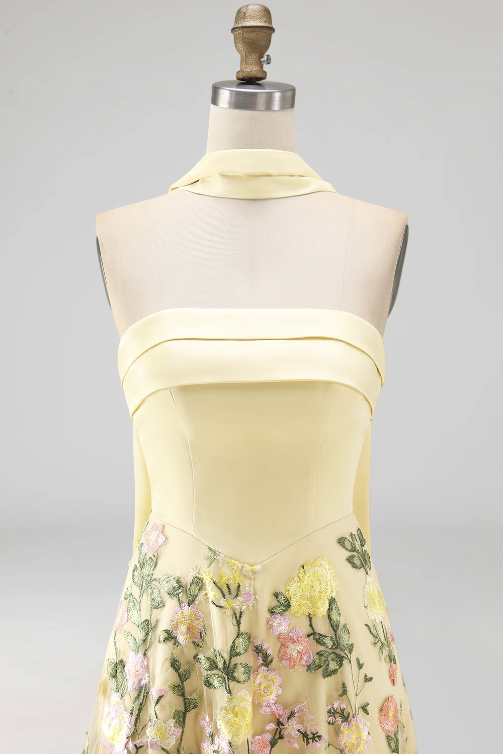 Butter Yellow A Line Floral Strapless Embroidered Long Wedding Guest Dress