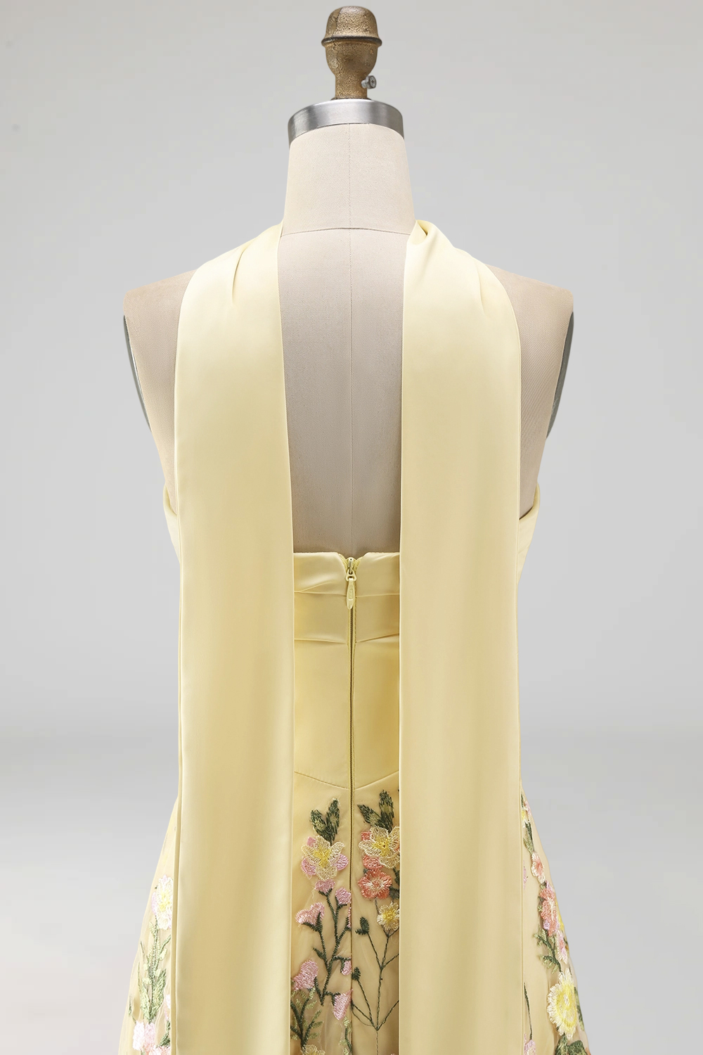 Butter Yellow A Line Floral Strapless Embroidered Long Wedding Guest Dress