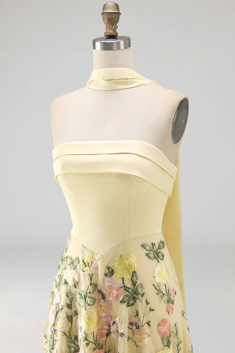Butter Yellow A Line Floral Strapless Embroidered Long Wedding Guest Dress
