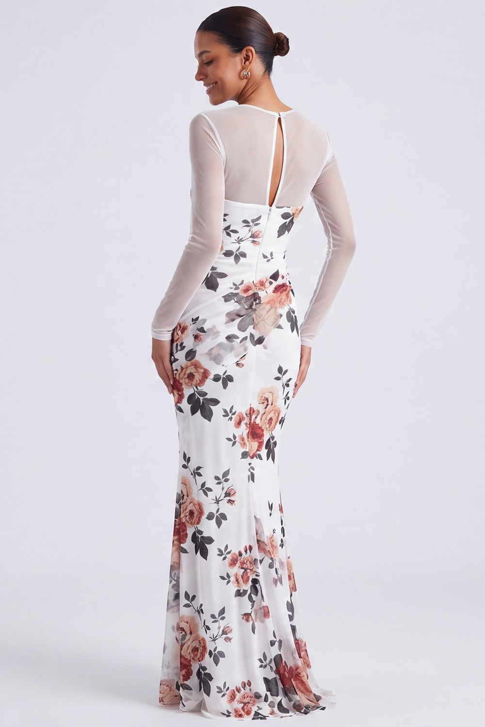 Black Illusion Neck Mermaid Floral Ruched Long Sleeves Wedding Guest Dress