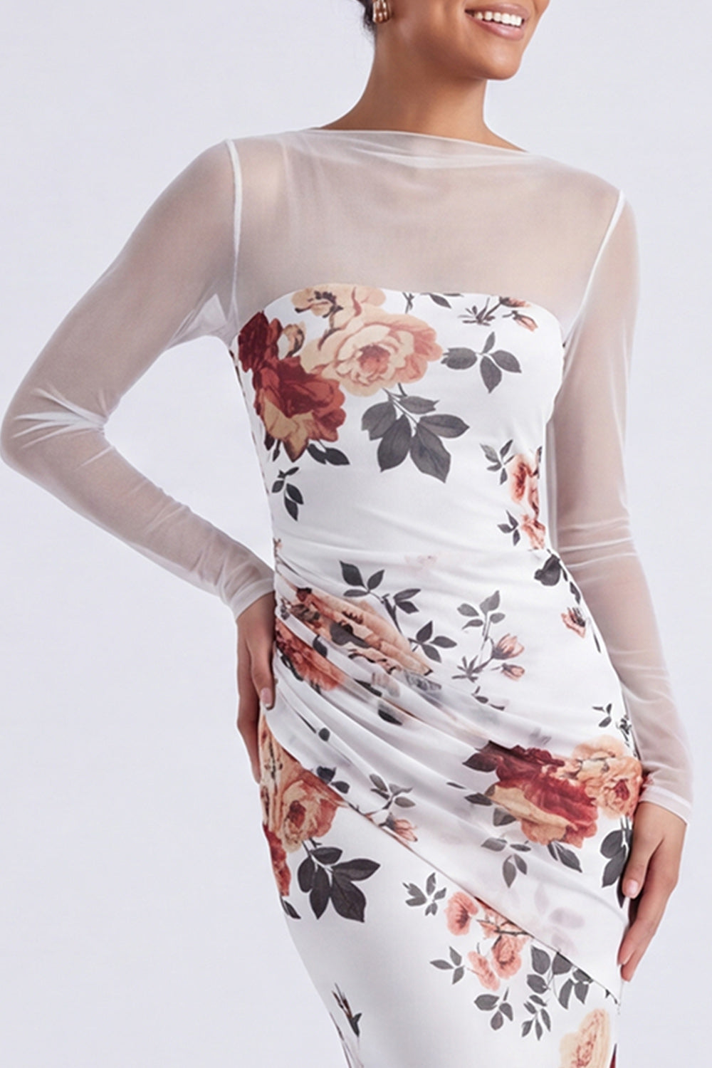 Black Illusion Neck Mermaid Floral Ruched Long Sleeves Wedding Guest Dress