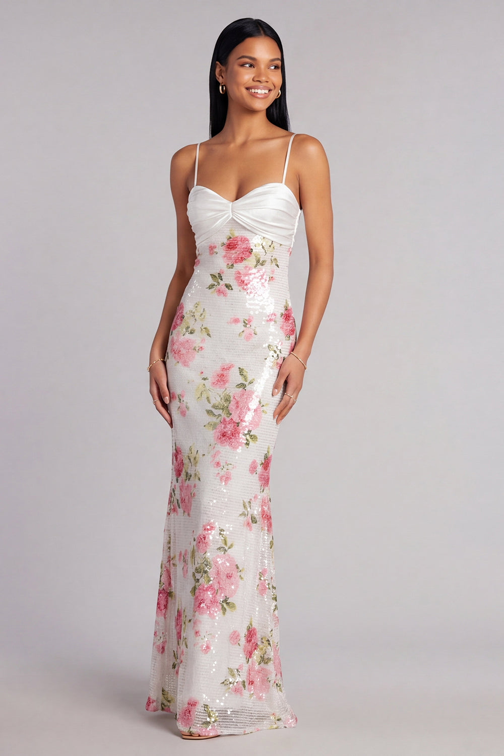 Ivory Sequins Spaghetti Straps Mermaid Floral Long Wedding Guest Dress