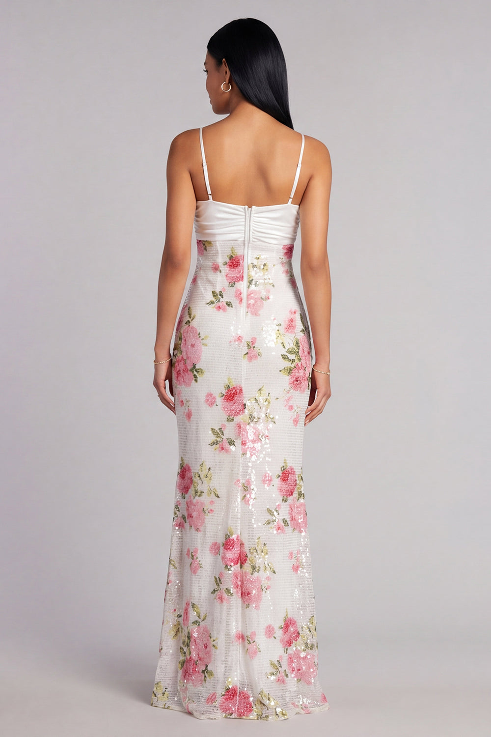 Ivory Sequins Spaghetti Straps Mermaid Floral Long Wedding Guest Dress