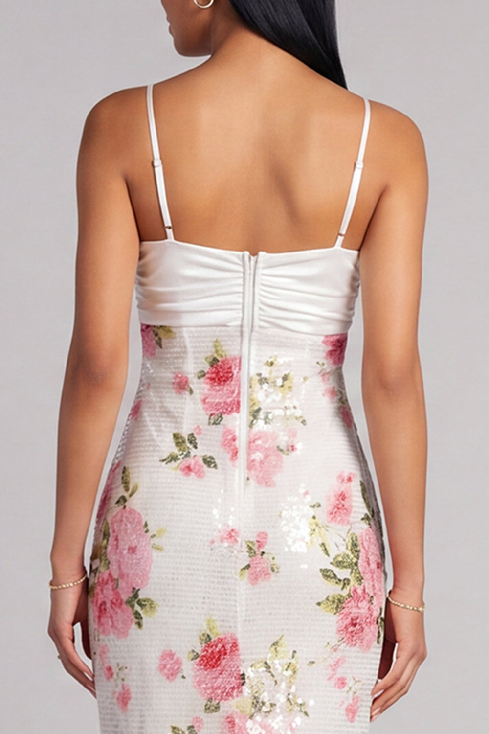 Ivory Sequins Spaghetti Straps Mermaid Floral Long Wedding Guest Dress