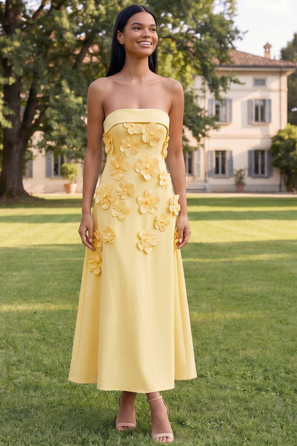 Blue Strapless A Line Maxi Wedding Guest Dress with 3D Flowers