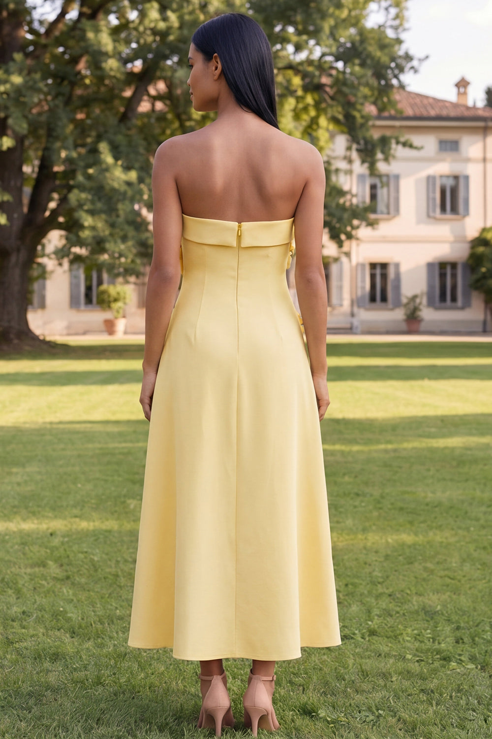 Blue Strapless A Line Maxi Wedding Guest Dress with 3D Flowers