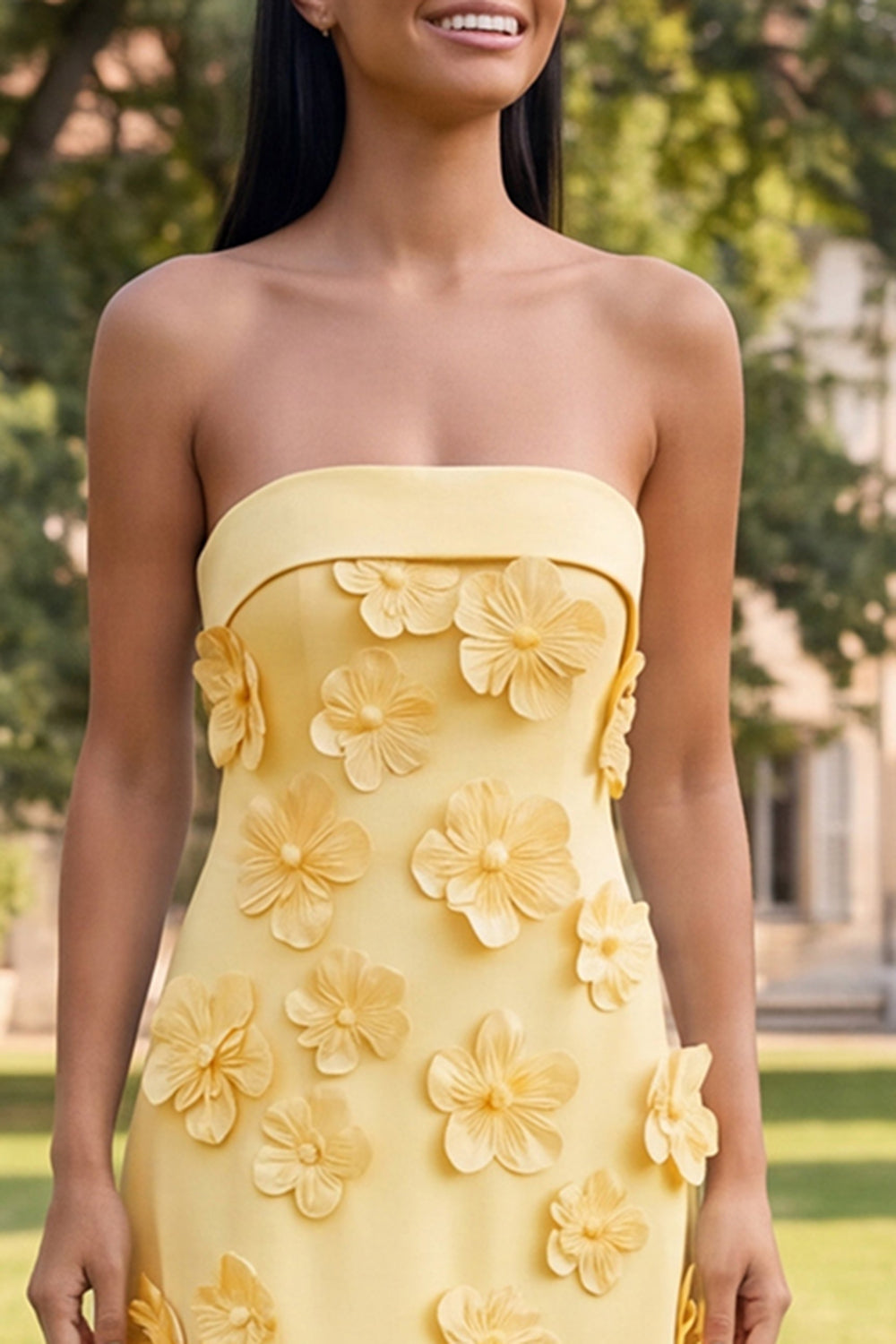 Blue Strapless A Line Maxi Wedding Guest Dress with 3D Flowers