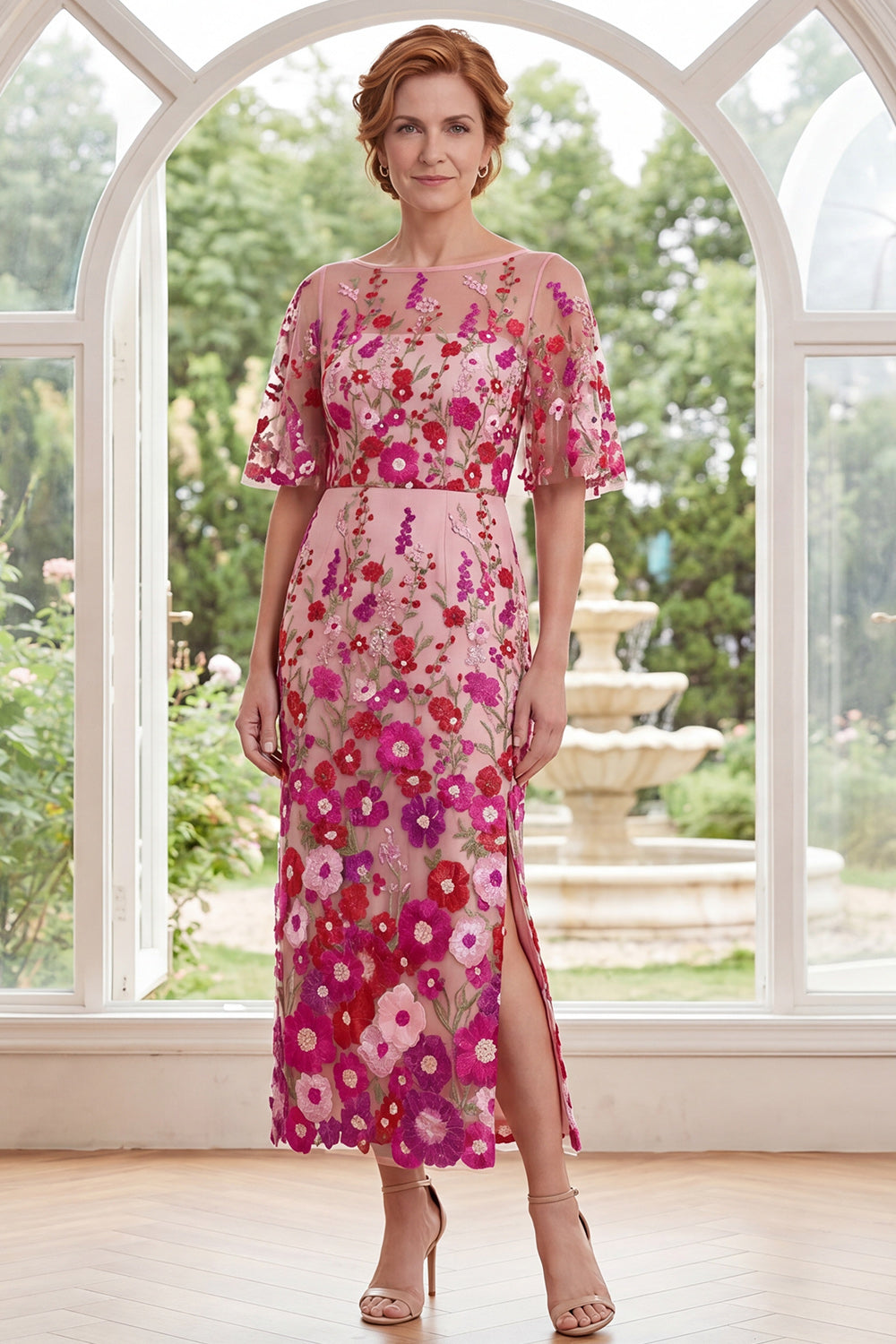 Floral Fuchsia Boat Neck Sheath Long Wedding Guest Dress with Slit