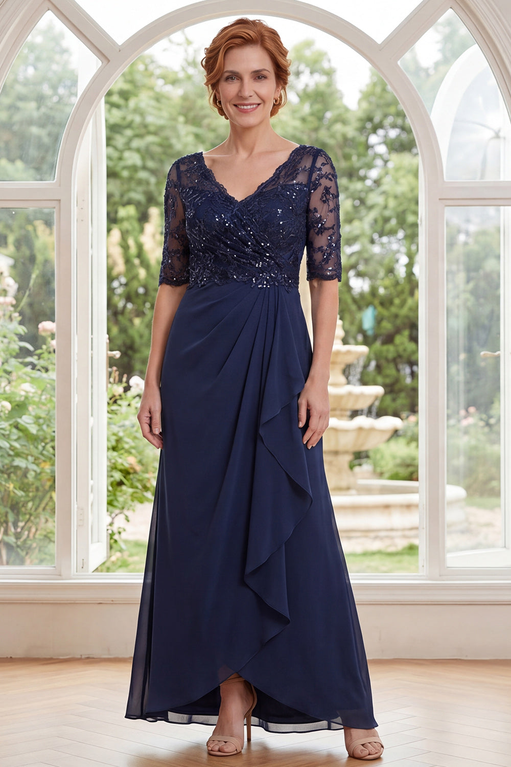 Navy Beaded Ruffled V-Neck Long Wedding Guest Dress with Side Cape