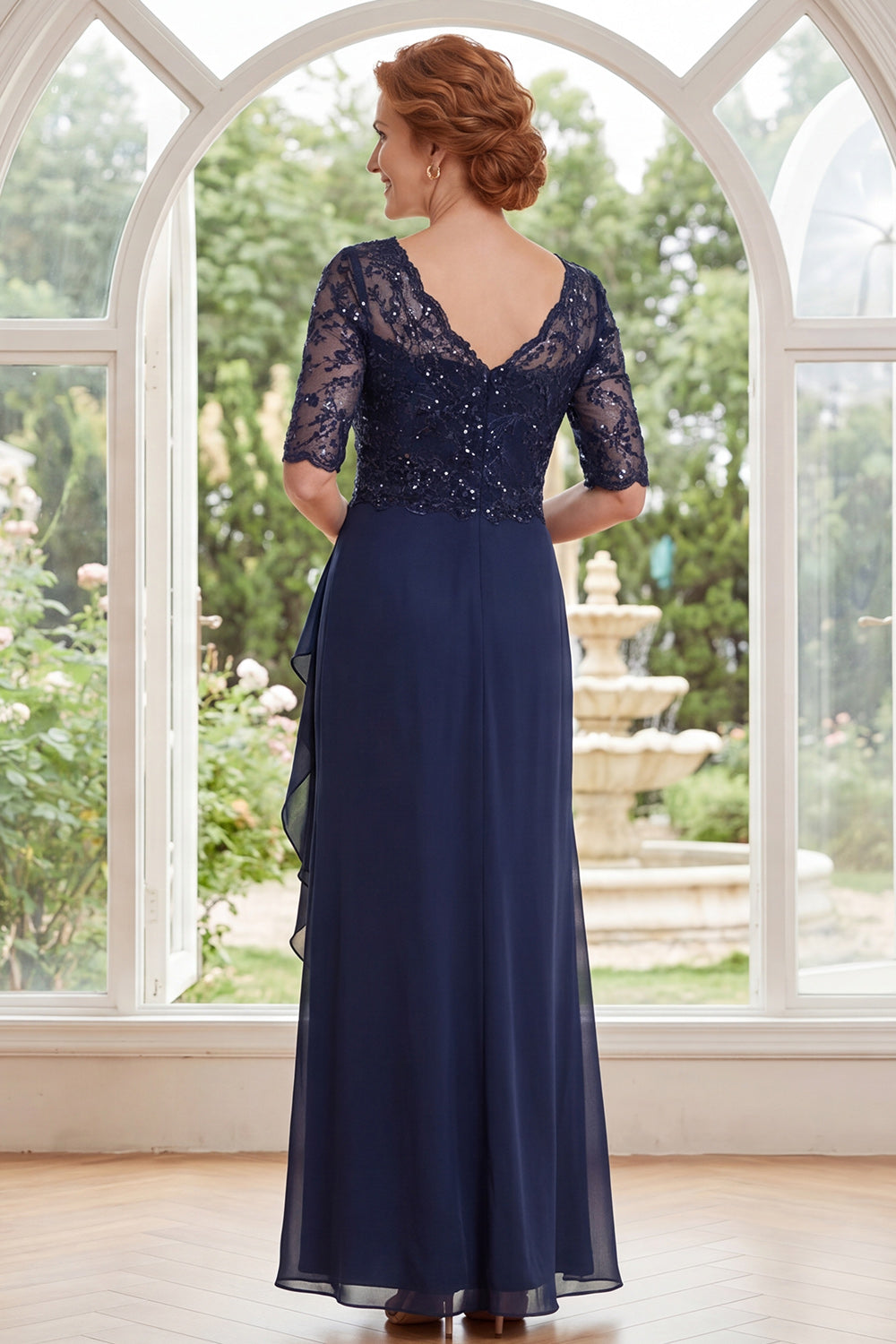Navy Beaded Ruffled V-Neck Long Wedding Guest Dress with Side Cape