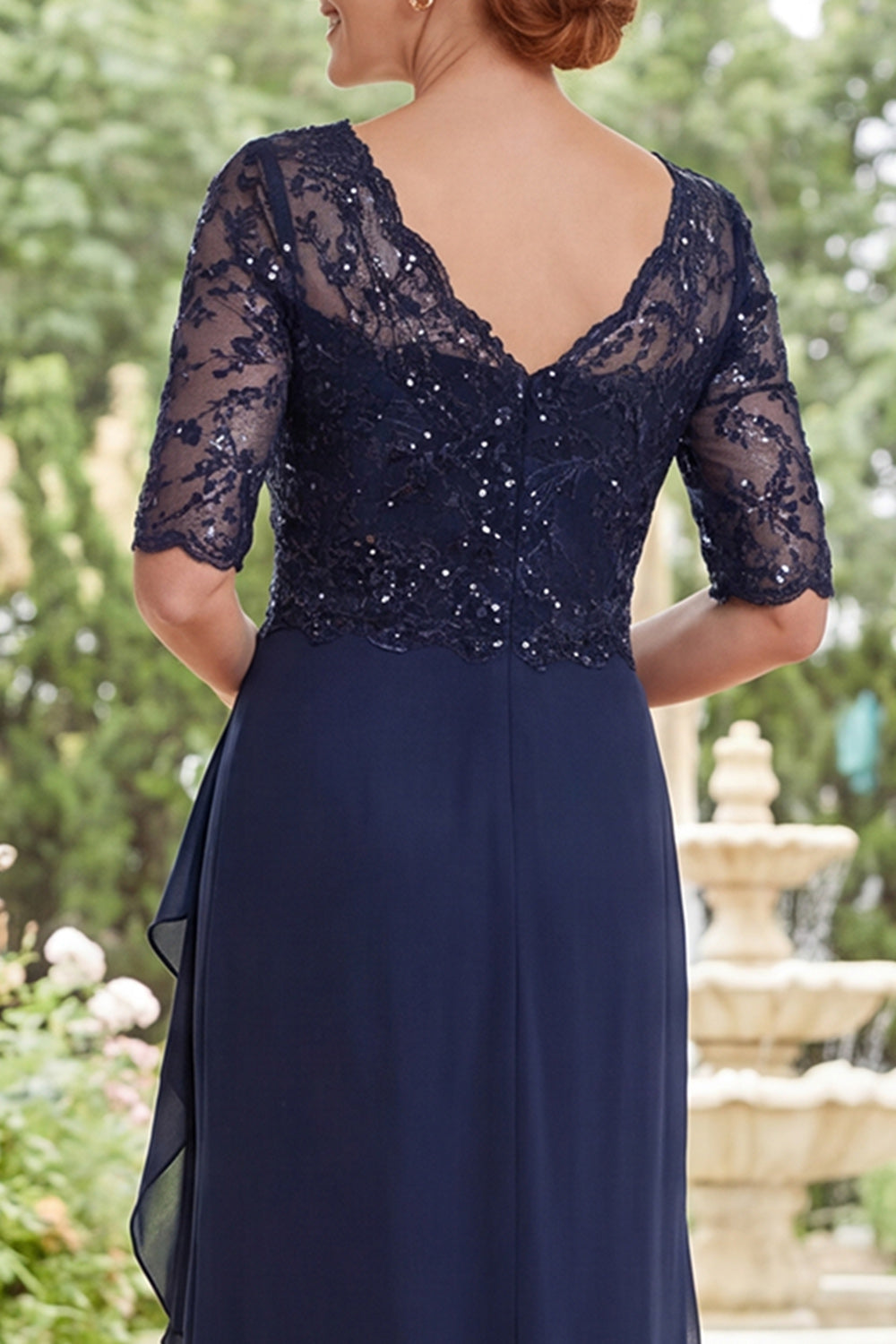 Navy Beaded Ruffled V-Neck Long Wedding Guest Dress with Side Cape
