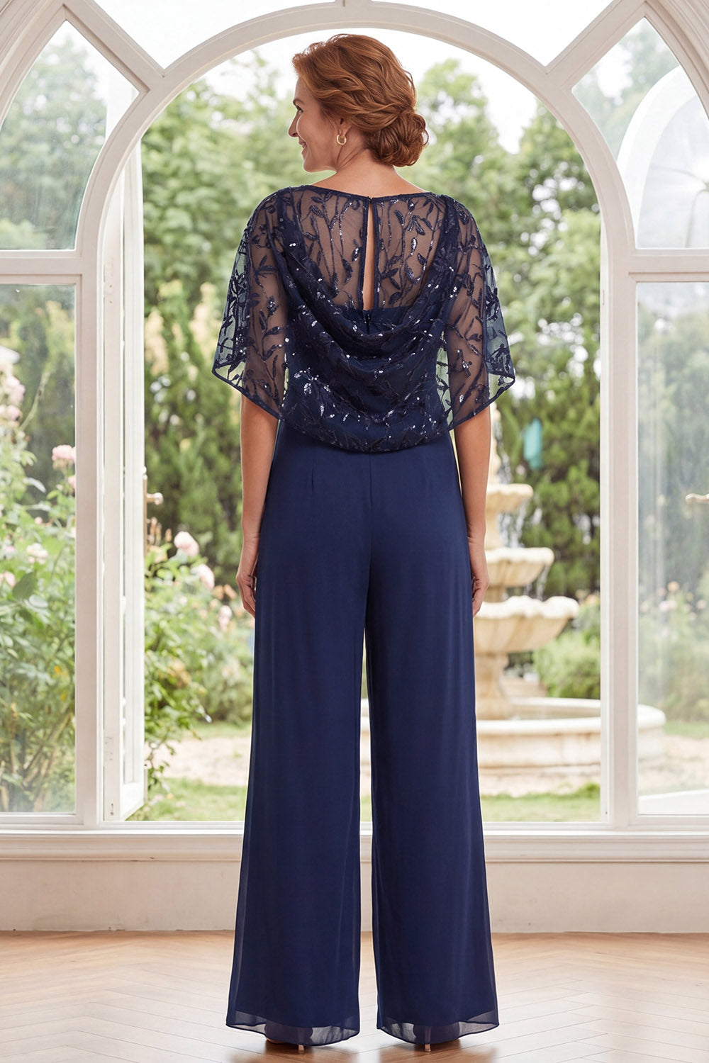 Navy Beaded Sparkly Long Wedding Guest Jumpsuits with Cape