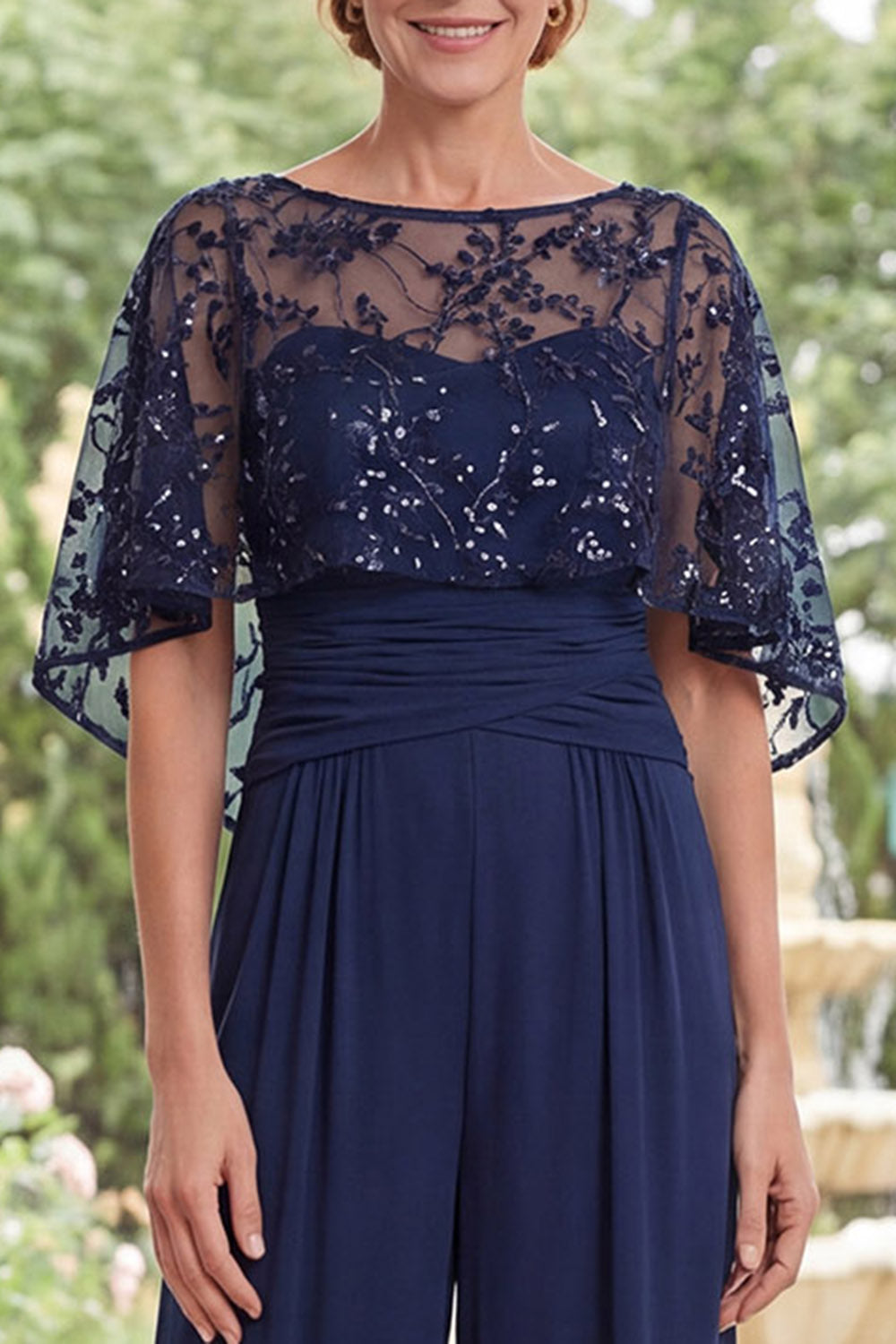Navy Beaded Sparkly Long Wedding Guest Jumpsuits with Cape