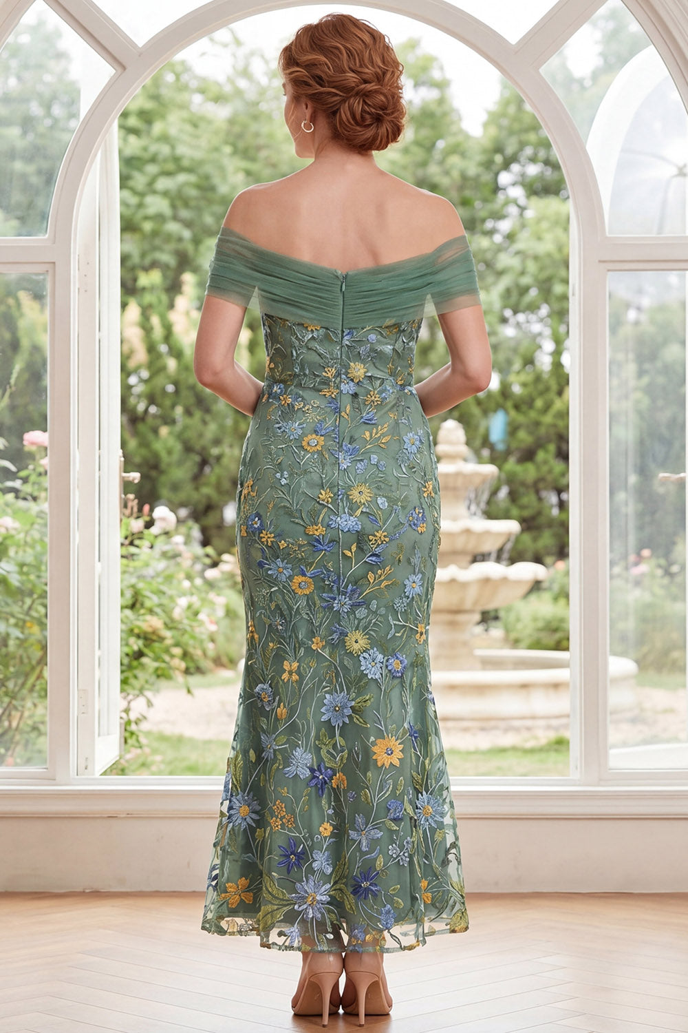 Floral Green Off the Shoulder Ruched Mermaid Long Wedding Guest Dress