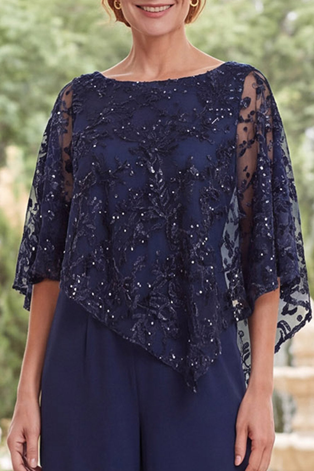 Navy Beaded Sparkly Long Wedding Guest Jumpsuits with Cape