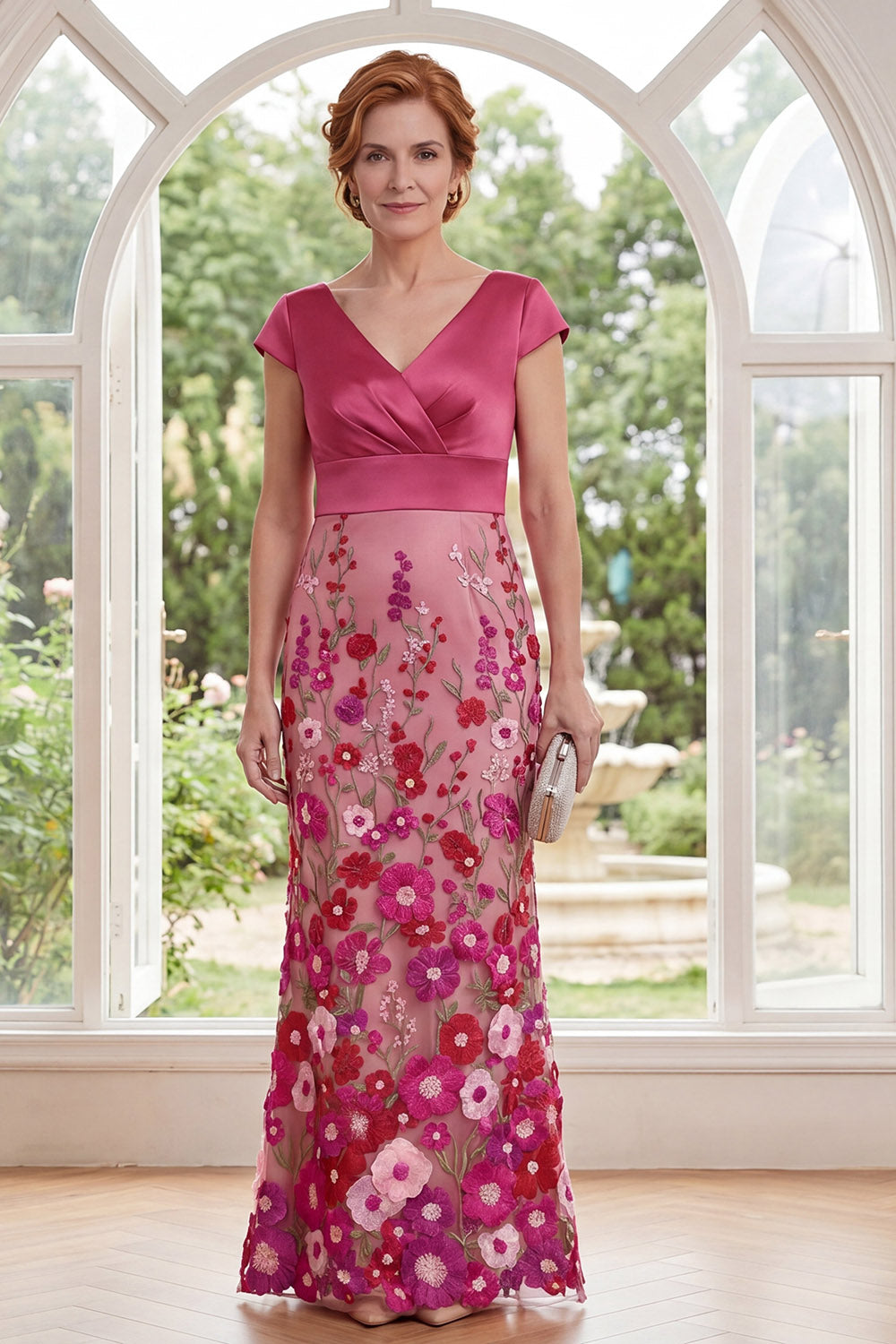 Floral Fuchsia V-Neck Mermaid Long Wedding Guest Dress with Sleeves