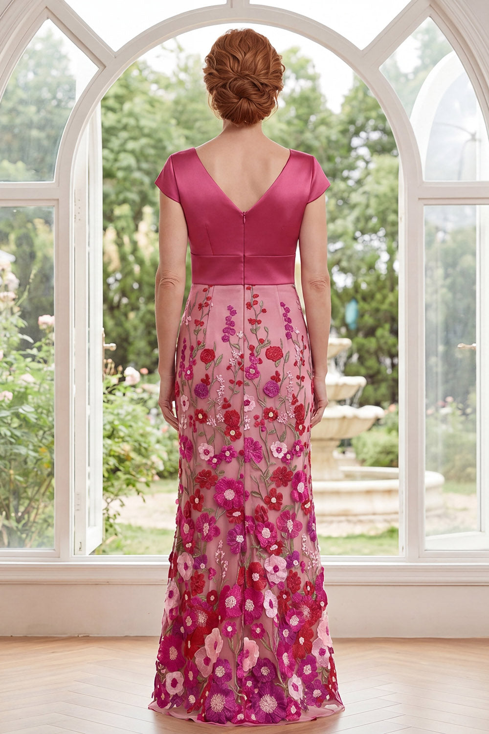 Floral Fuchsia V-Neck Mermaid Long Wedding Guest Dress with Sleeves