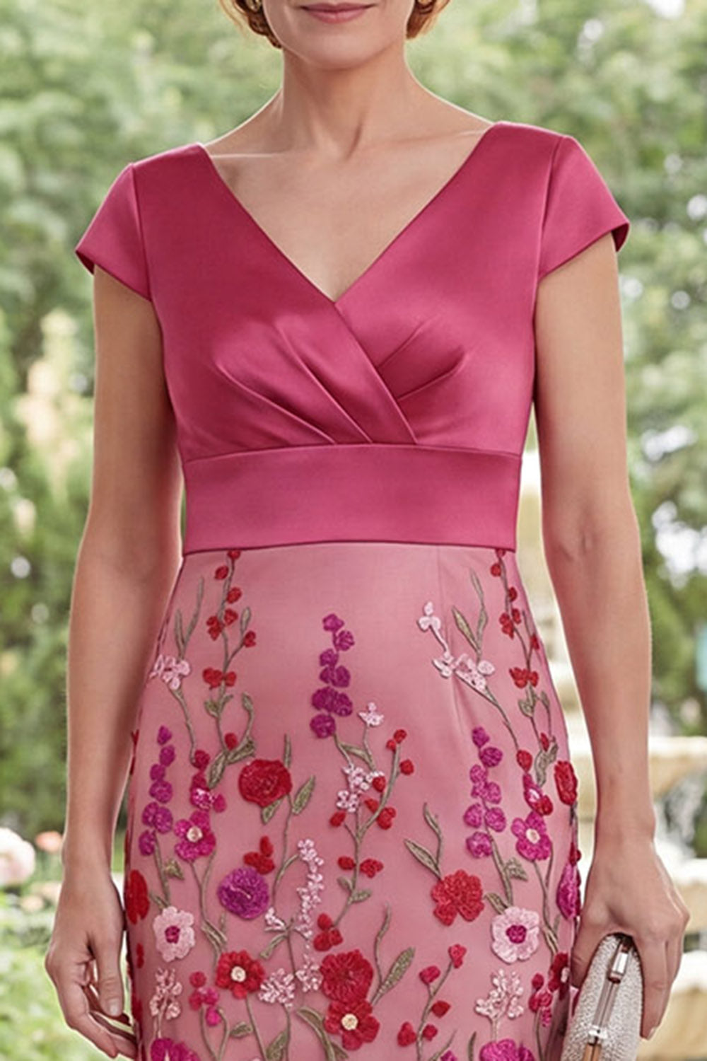 Floral Fuchsia V-Neck Mermaid Long Wedding Guest Dress with Sleeves
