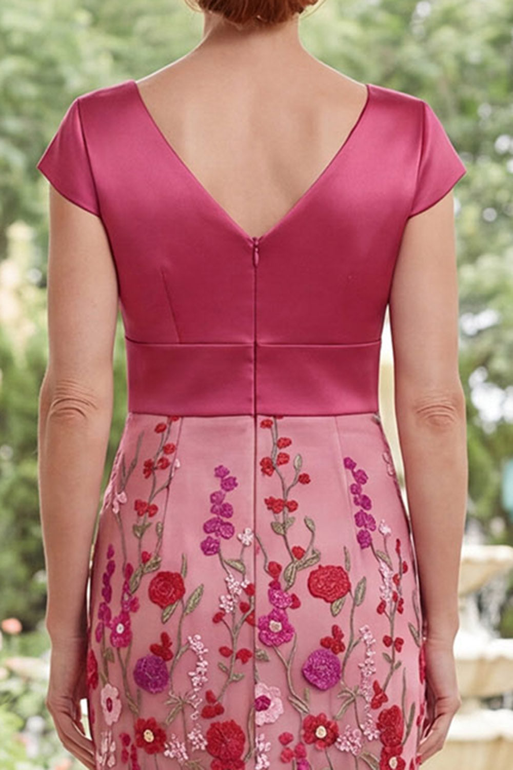 Floral Fuchsia V-Neck Mermaid Long Wedding Guest Dress with Sleeves