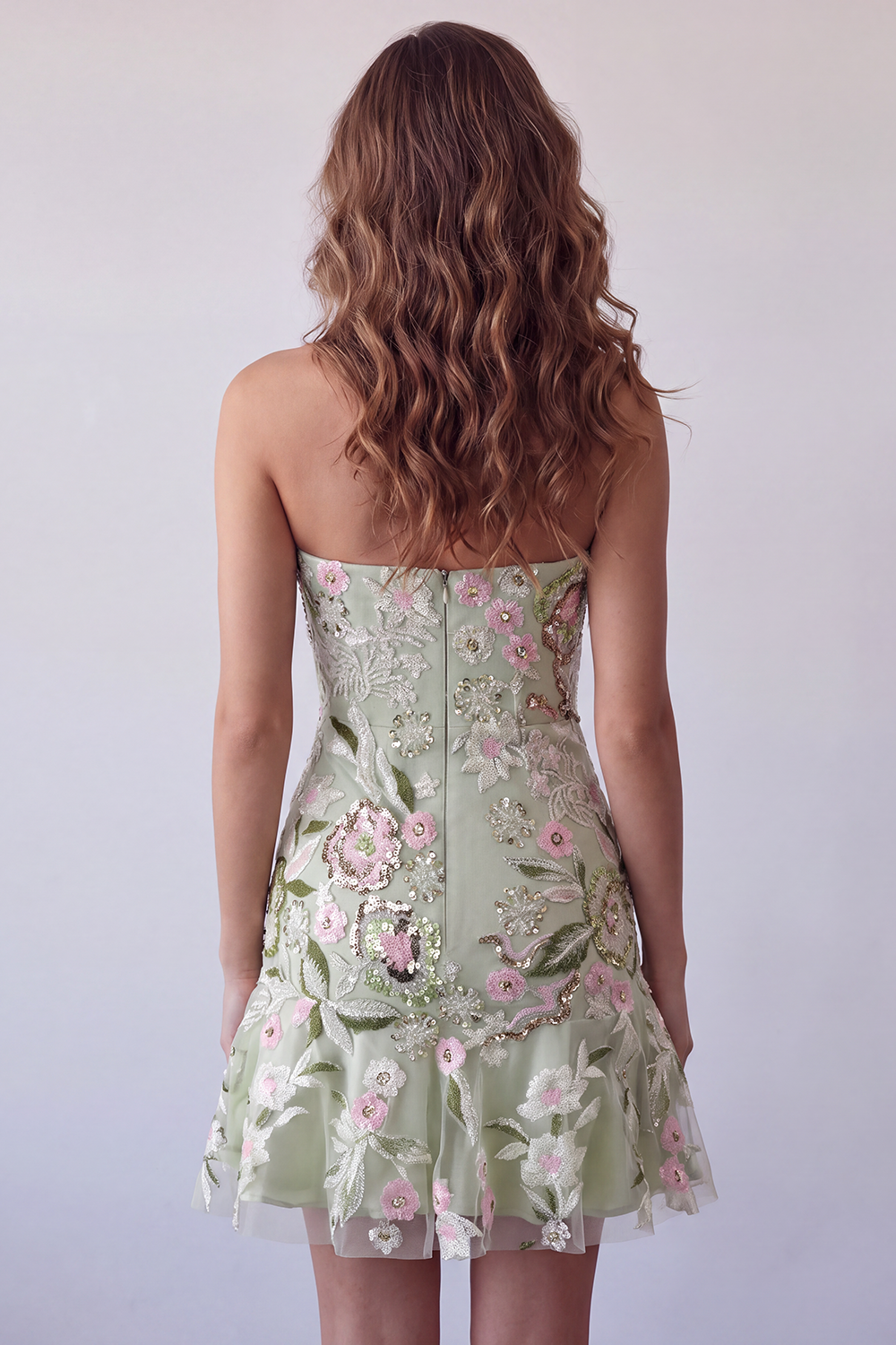 FloralSage Green  Strapless Ruffled Short Homecoming Dress