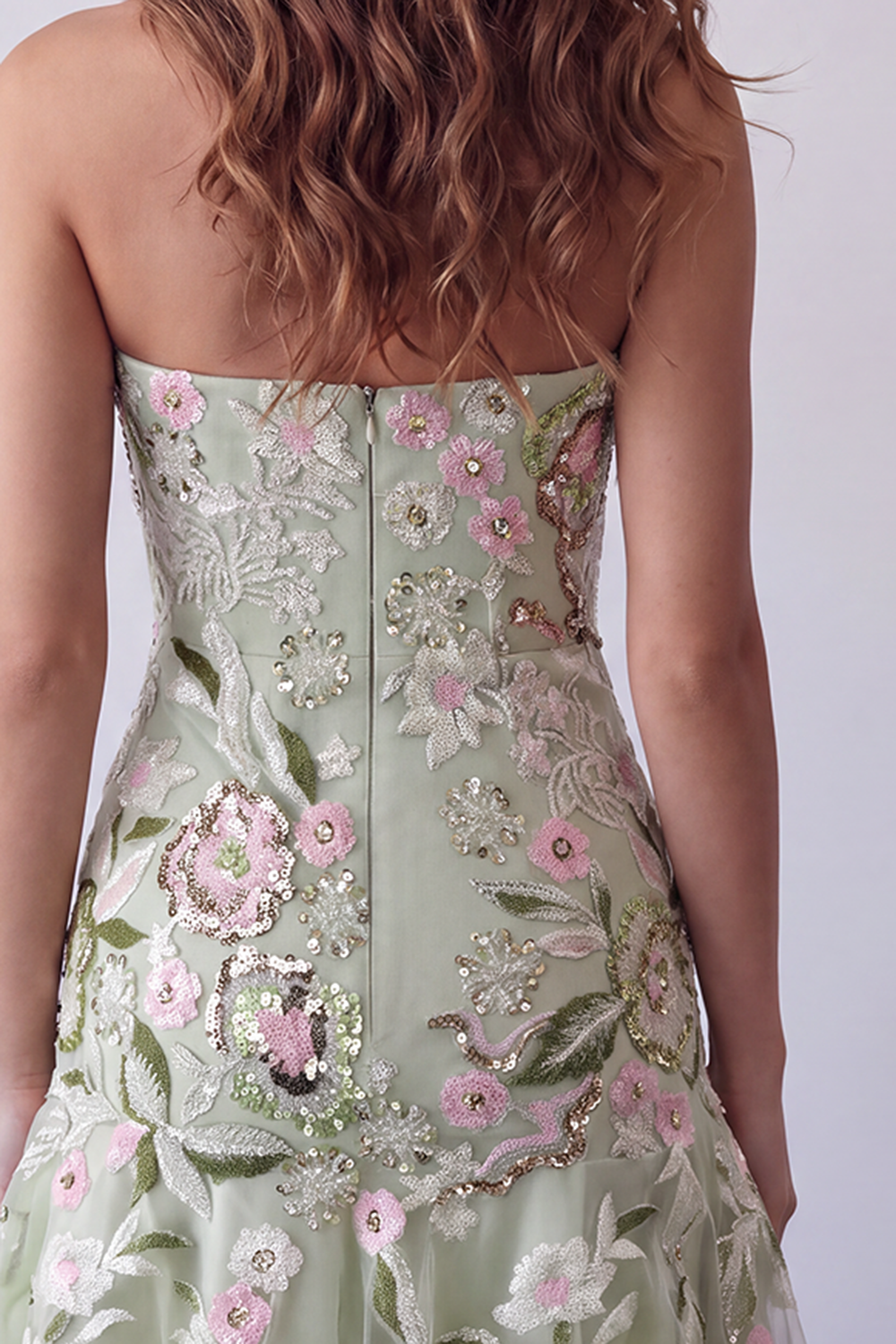 FloralSage Green  Strapless Ruffled Short Homecoming Dress