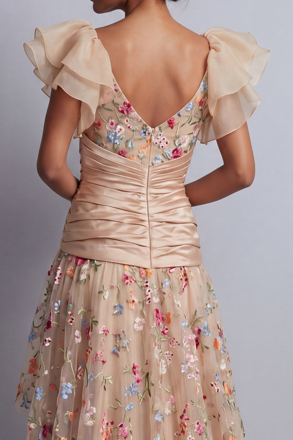 Champagne High Low Floral Corset A Line Ruched Mother of the Bride Dress with Ruffles