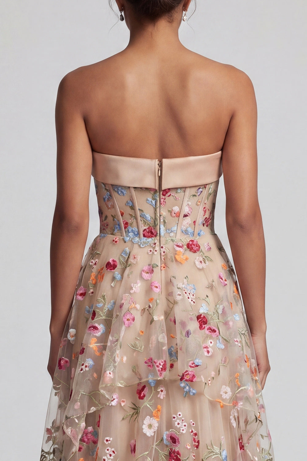 Floral Champagne Strapless Corset A Line Long Evening Dress with Ruffles