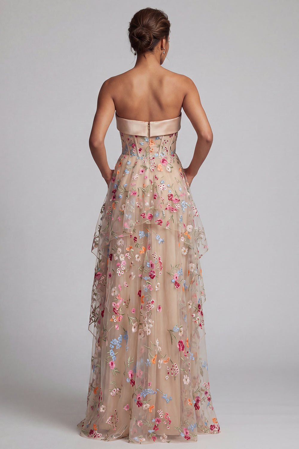 Corset Champagne Ruffled A Line Floral Long Evening Dress with Pockets