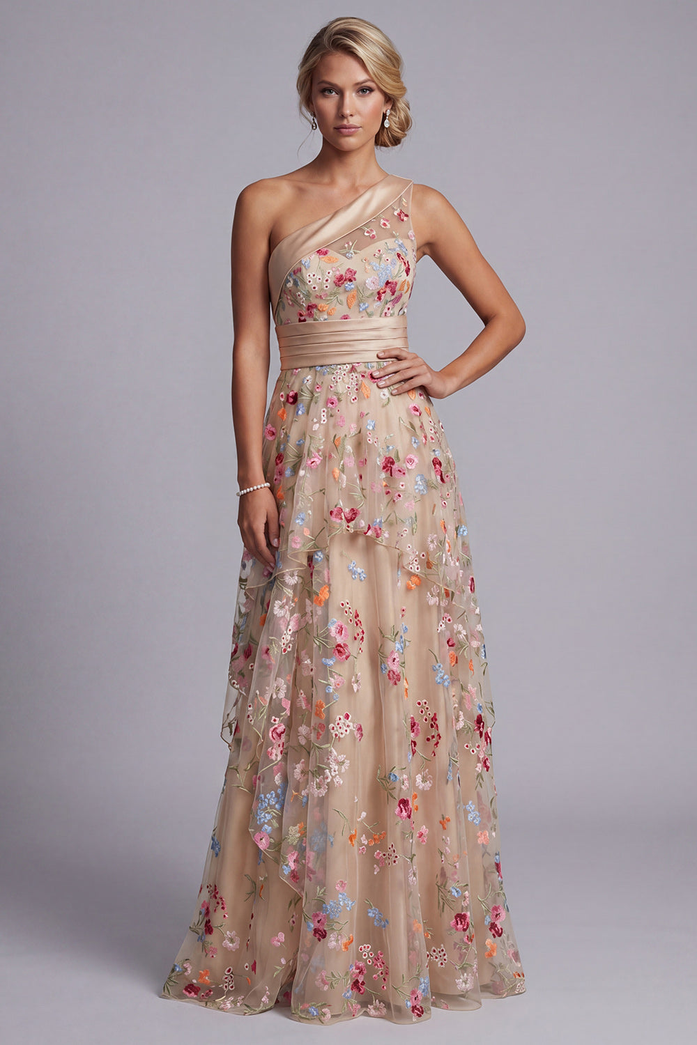 Floral Champagne One Shoulder A Line Long Evening Dress with Ruffles