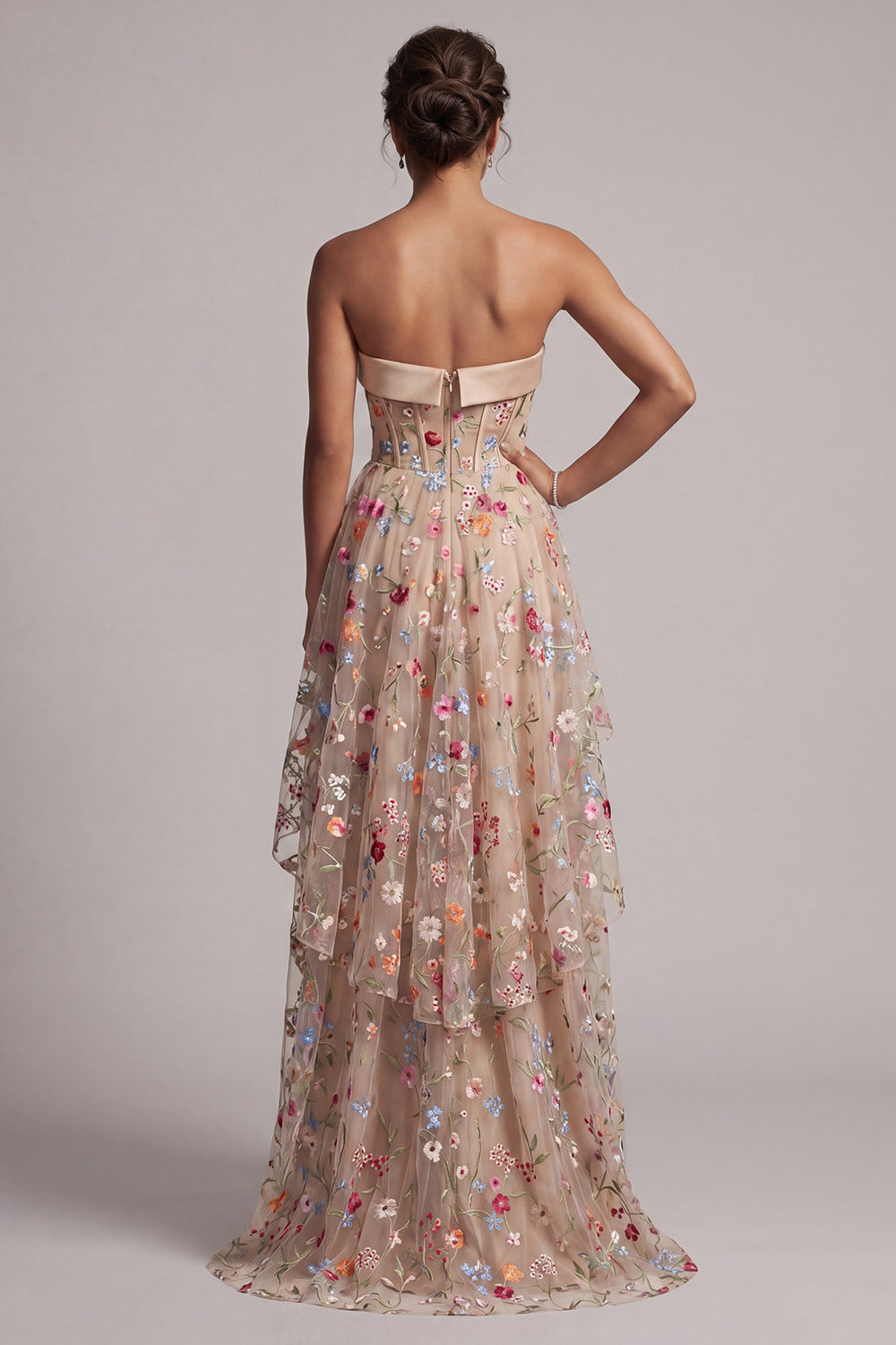 Champagne Basque Waist Floral Corset High Low Evening Dress with Ruffles