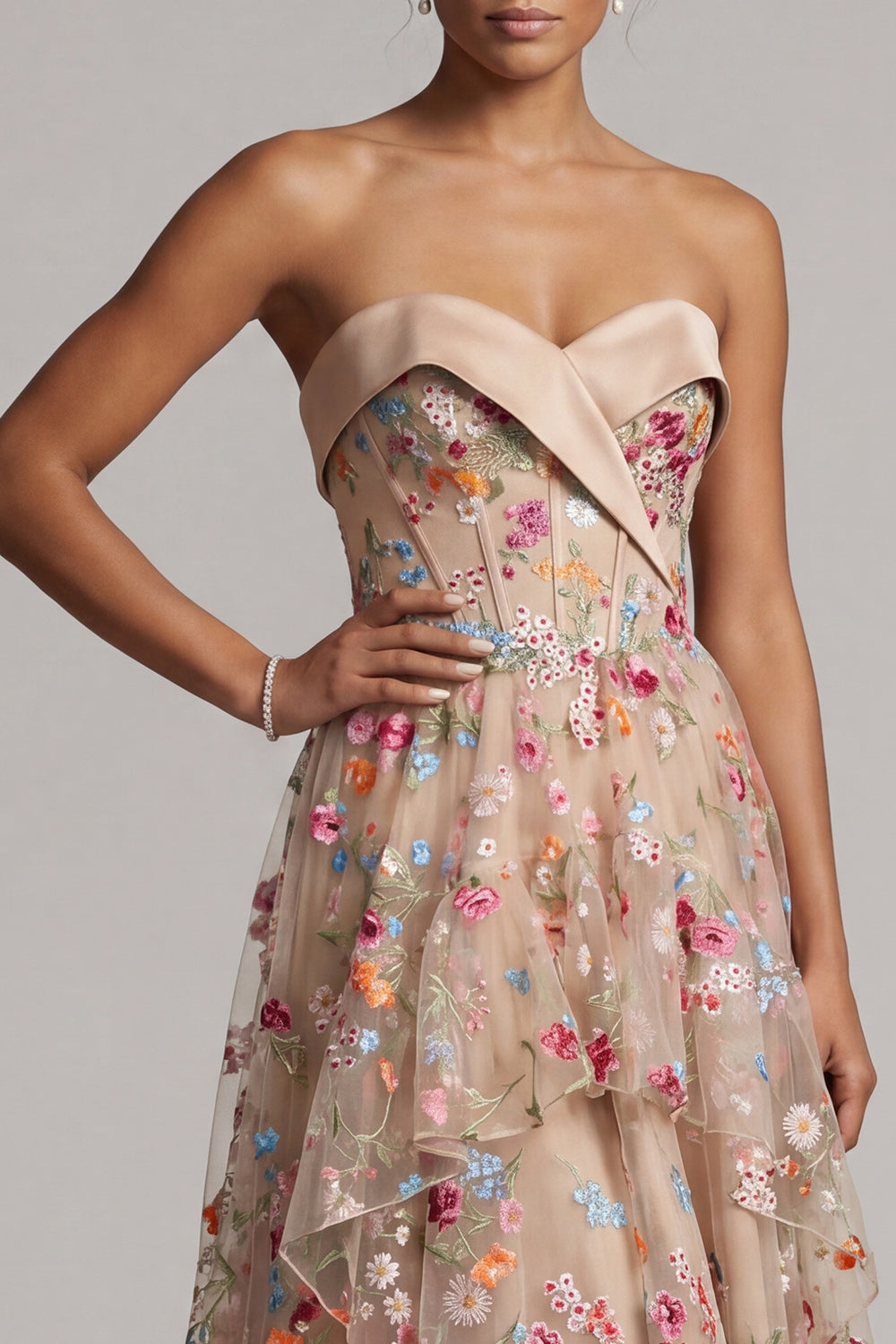 Champagne Basque Waist Floral Corset High Low Evening Dress with Ruffles