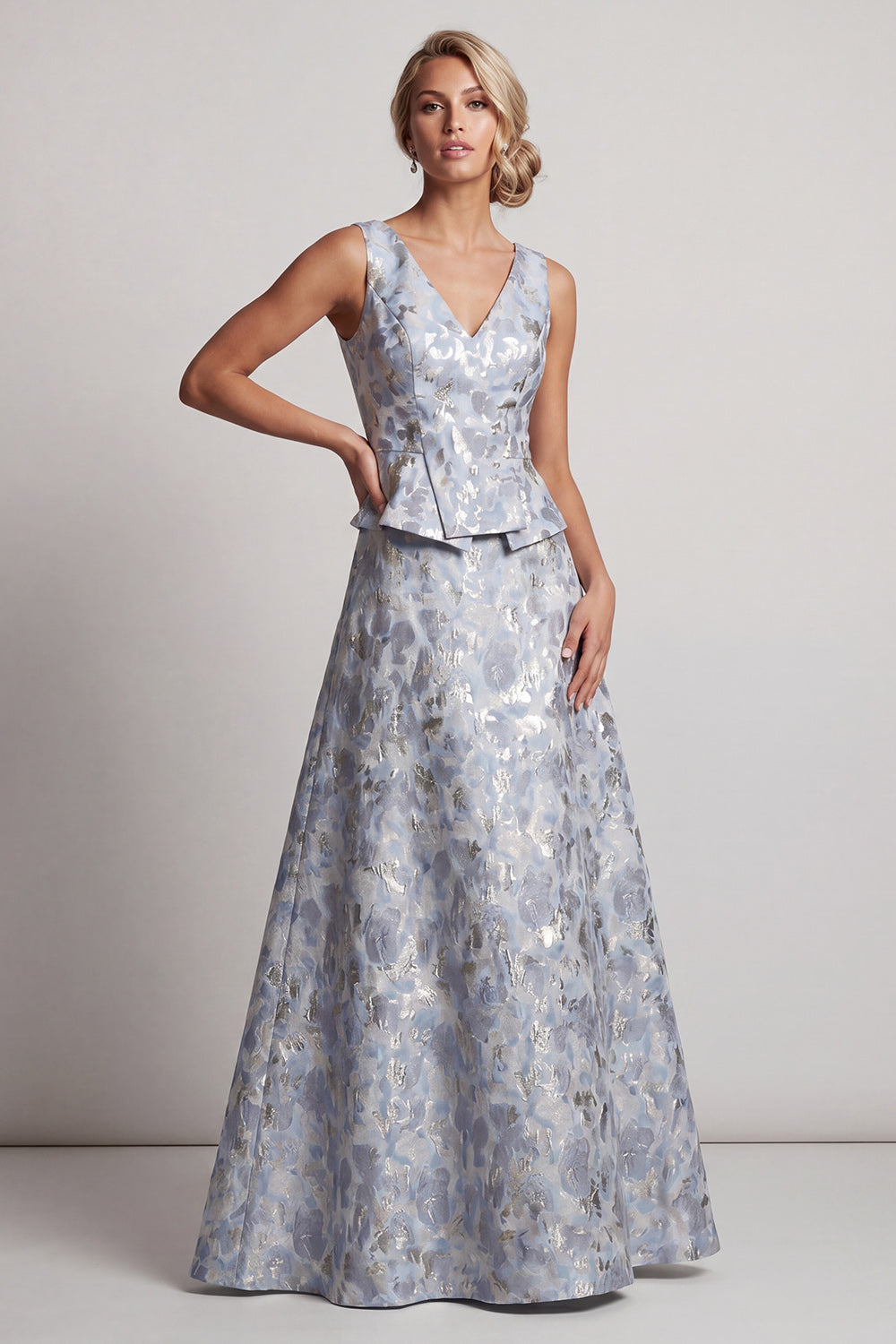 Dusty Blue A Line V-Neck Jacquard Floral Long Wedding Guest Dress