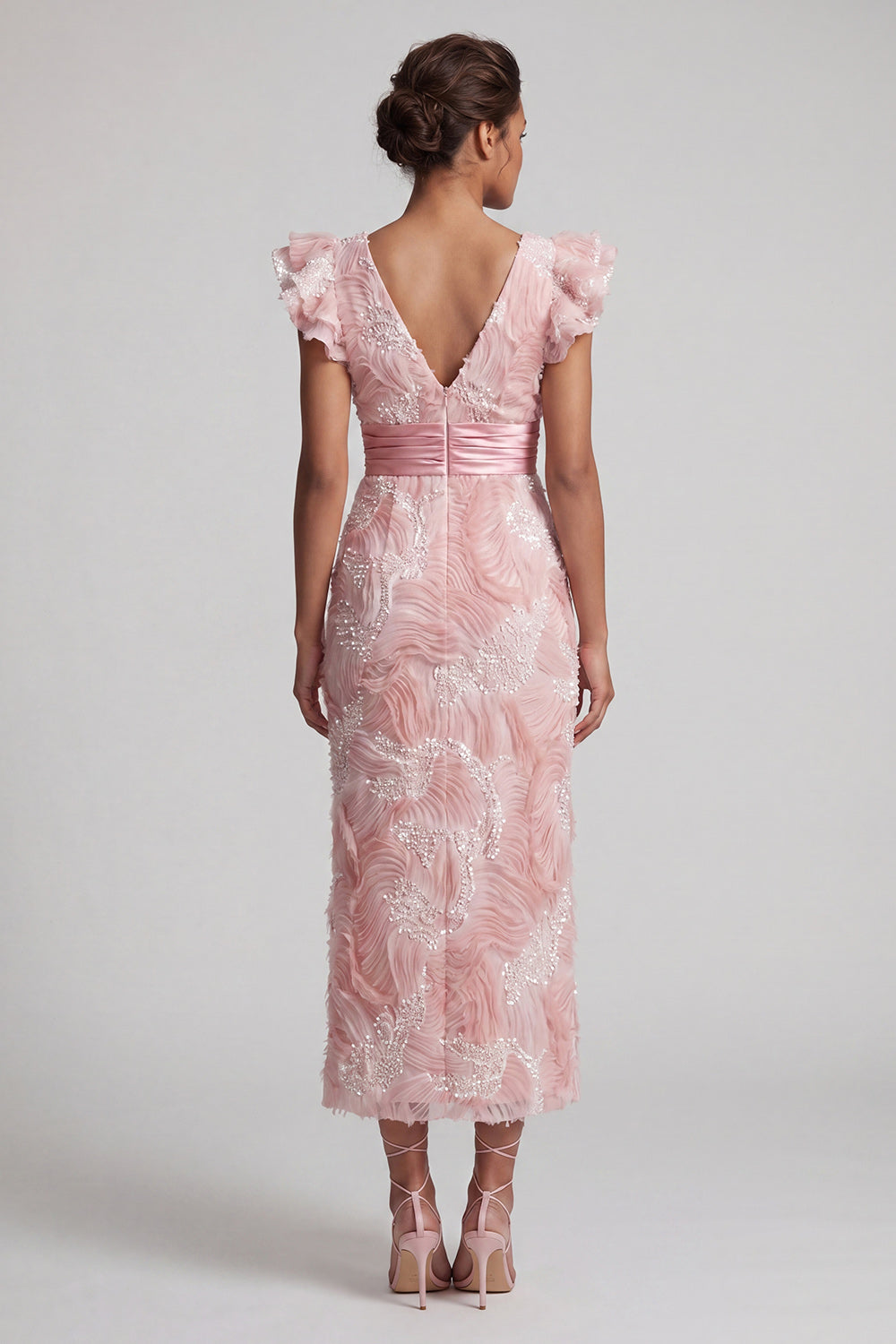 Sparkly Blush Sheath Ruffled V-Neck Beaded Long Wedding Guest Dress