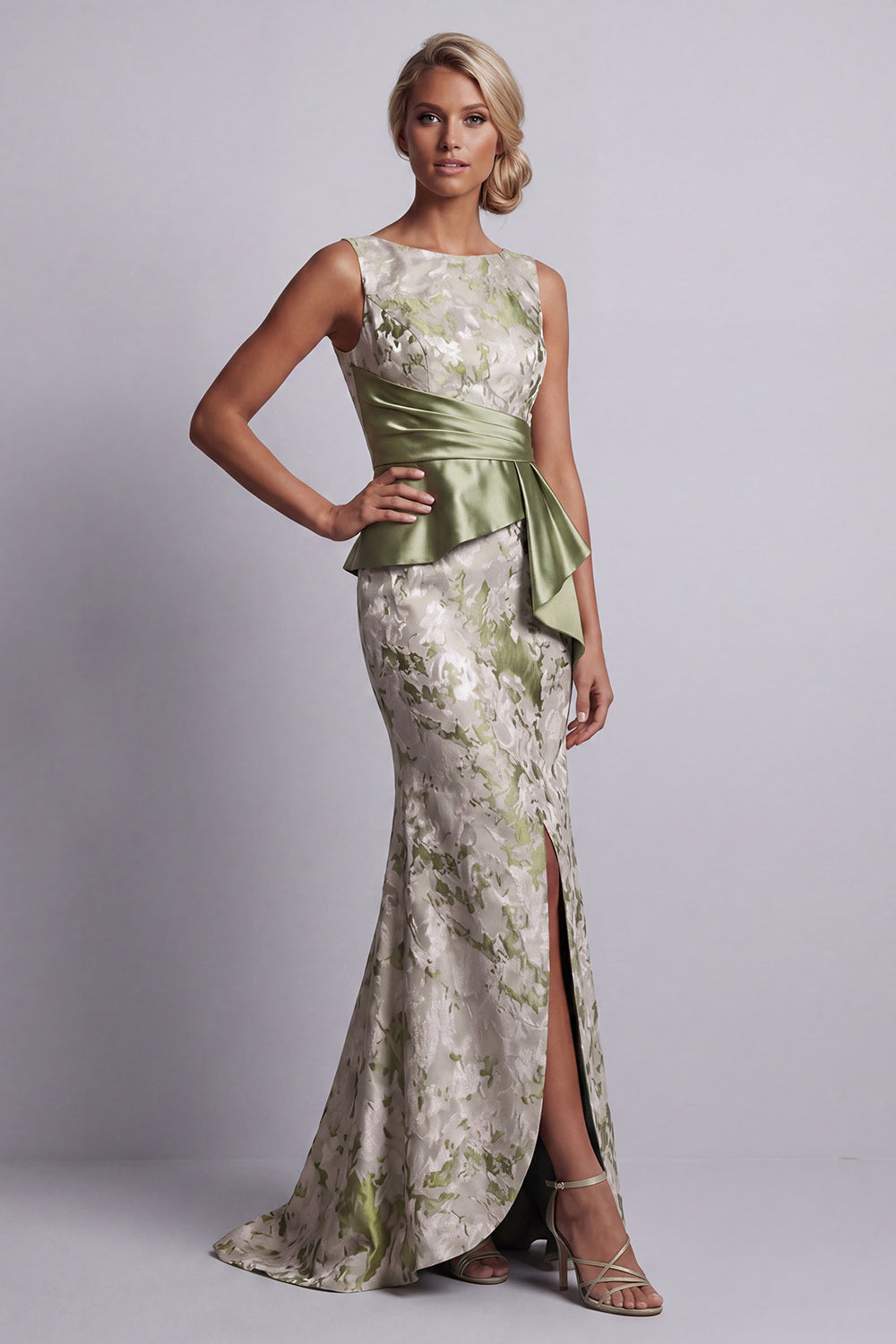 Light Green Floral Ruched Mermaid Long Wedding Guest Dress with Sash