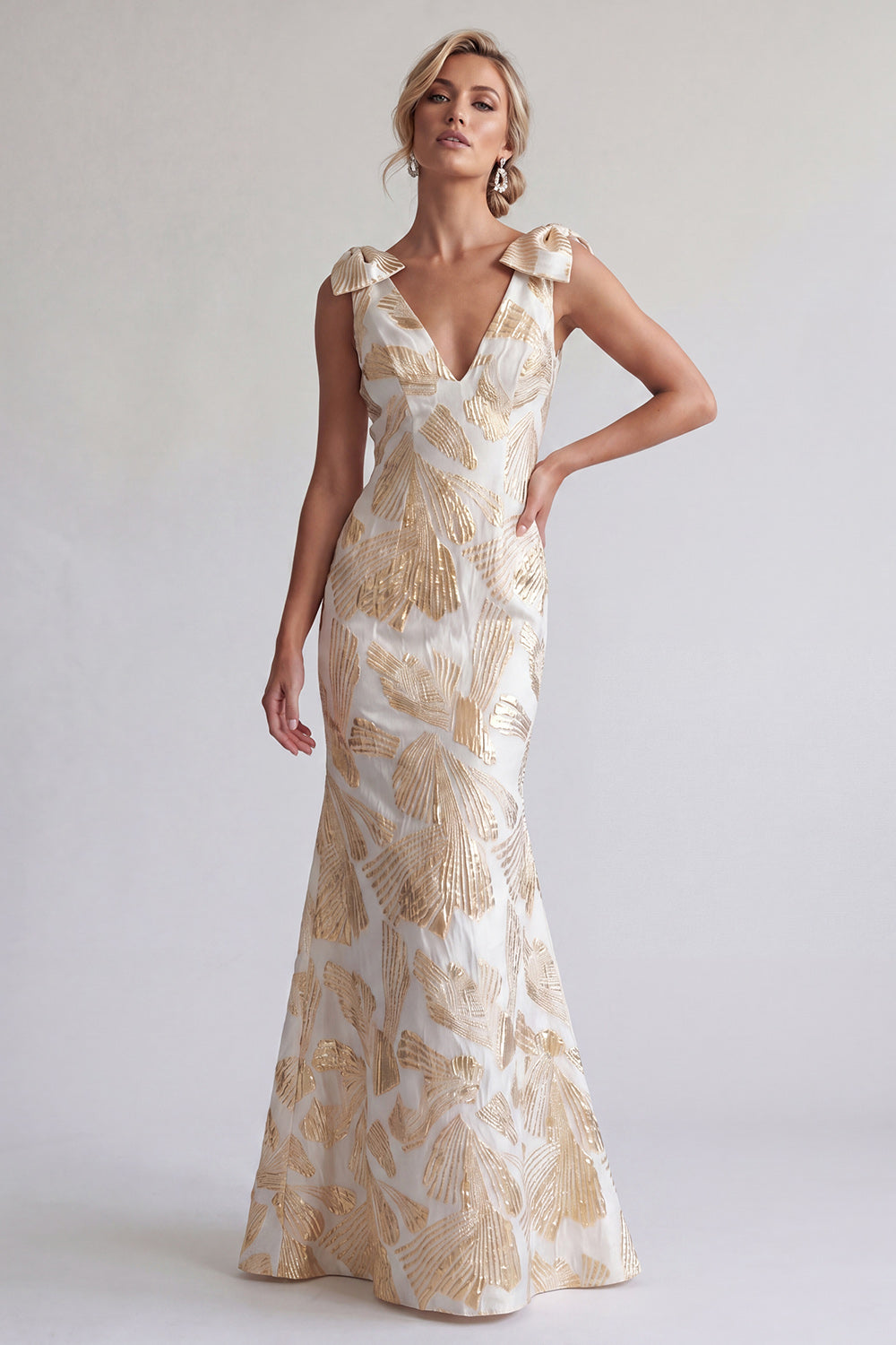 Champagne V- Neck Floral Mermaid Long Wedding Guest Dress with Bows