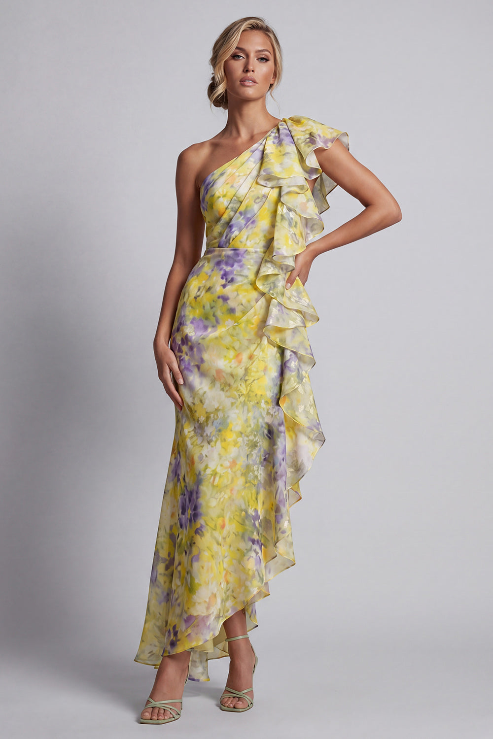 Butter Yellow Ruffled Floral Mermaid Long Printed Wedding Guest Dress