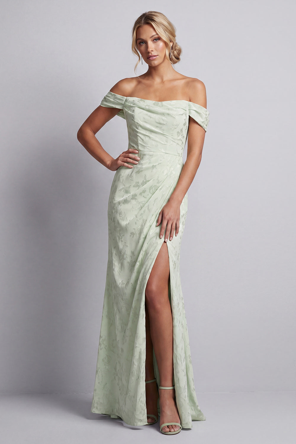 Light Green Mermaid Floral Ruched Long Wedding Guest Dress with Slit