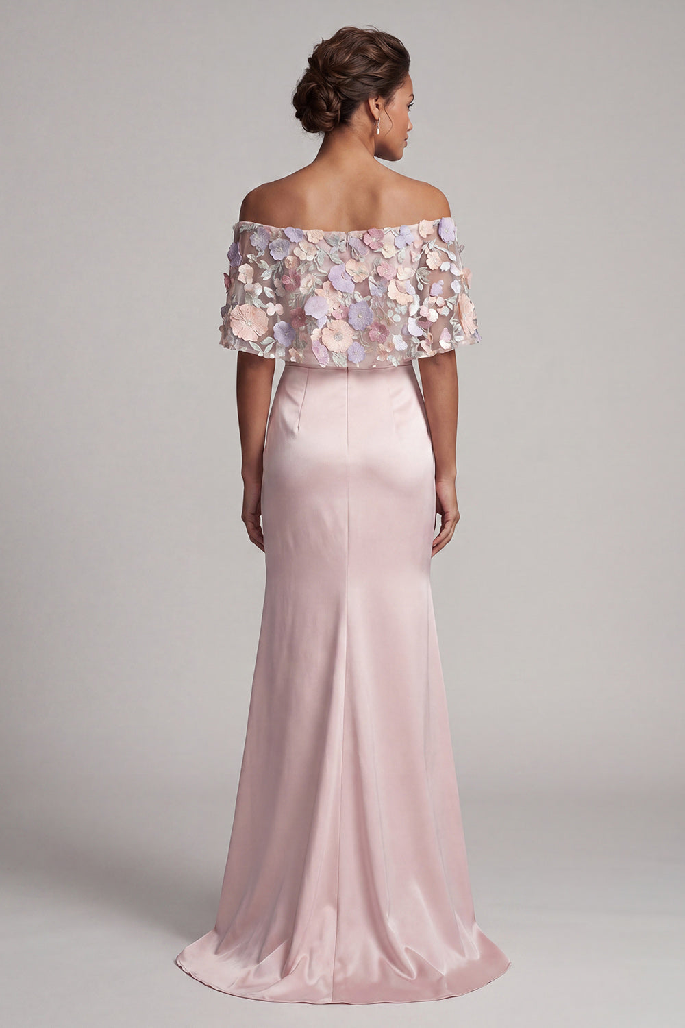 Blush Satin Mermaid Off the Shoulder Floral Long Wedding Guest Dress