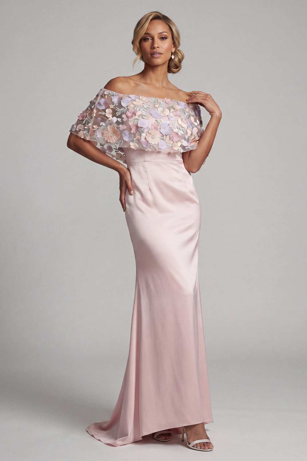 Blush Satin Mermaid Off the Shoulder Floral Long Wedding Guest Dress