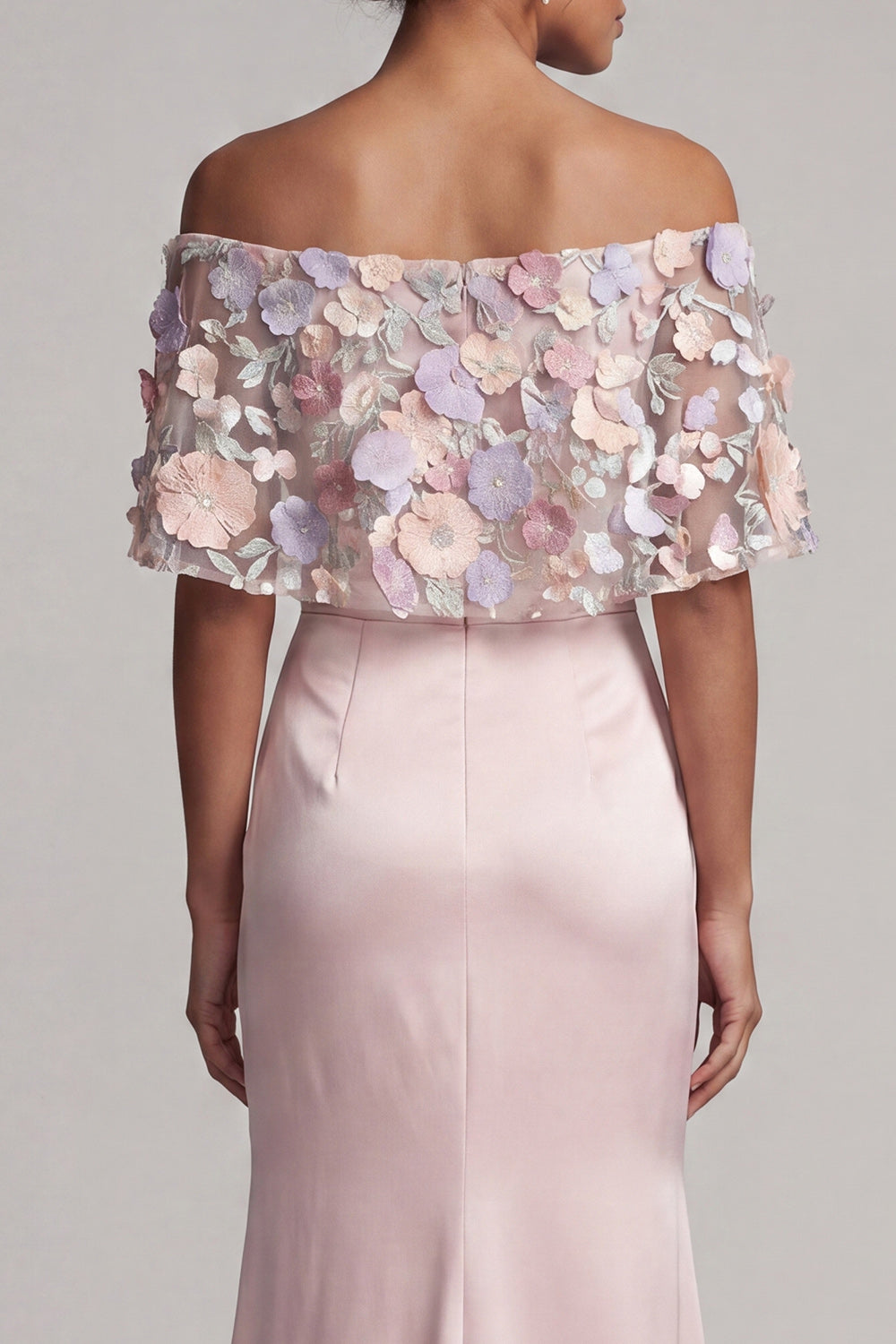 Blush Satin Mermaid Off the Shoulder Floral Long Wedding Guest Dress
