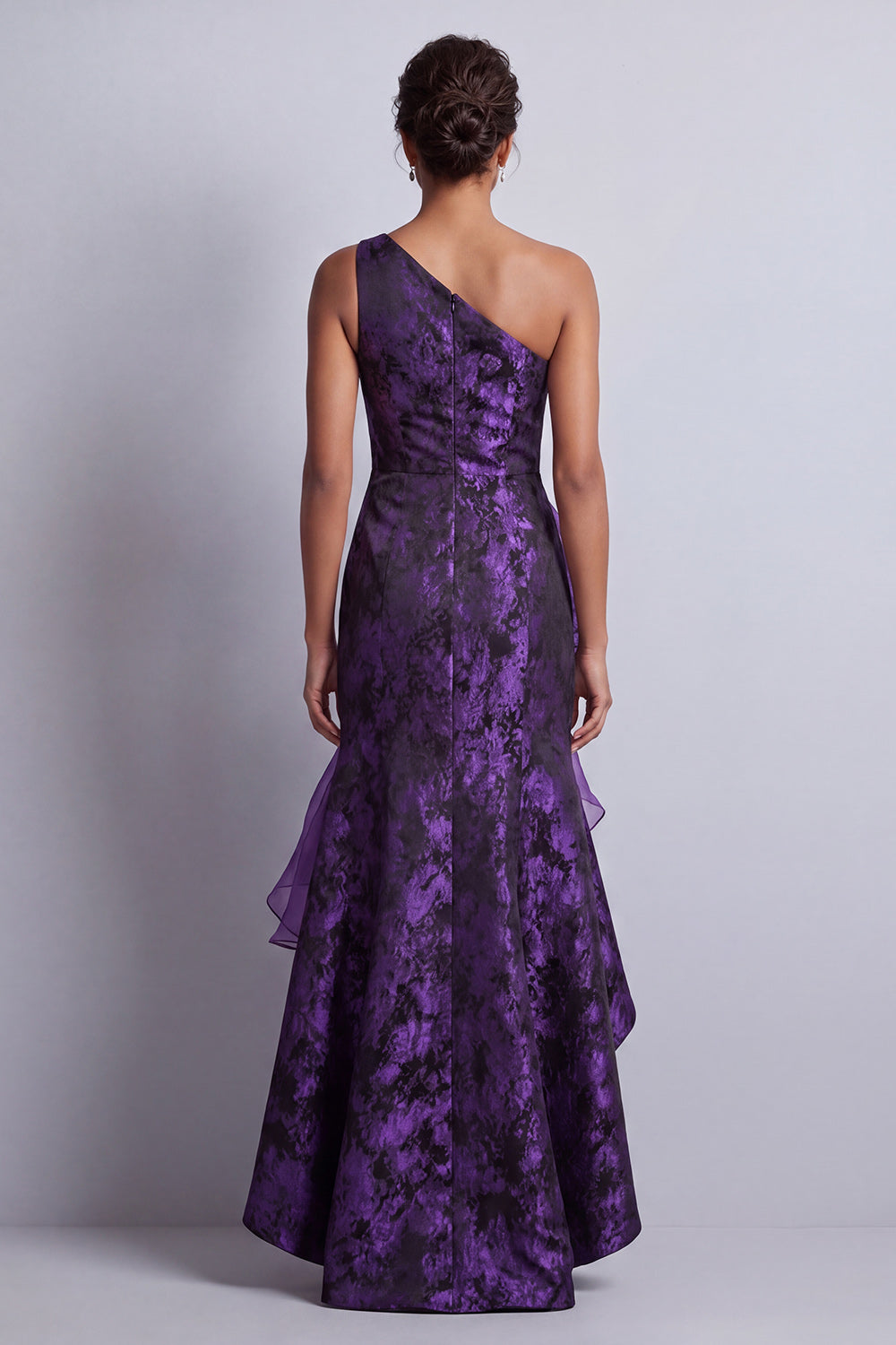 Dark Purple Ruffled Floral Mermaid Ruched High Low Wedding Guest Dress