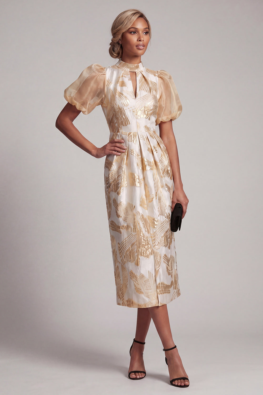 Champagne Floral Long Sheath Wedding Guest Dress with Keyhole