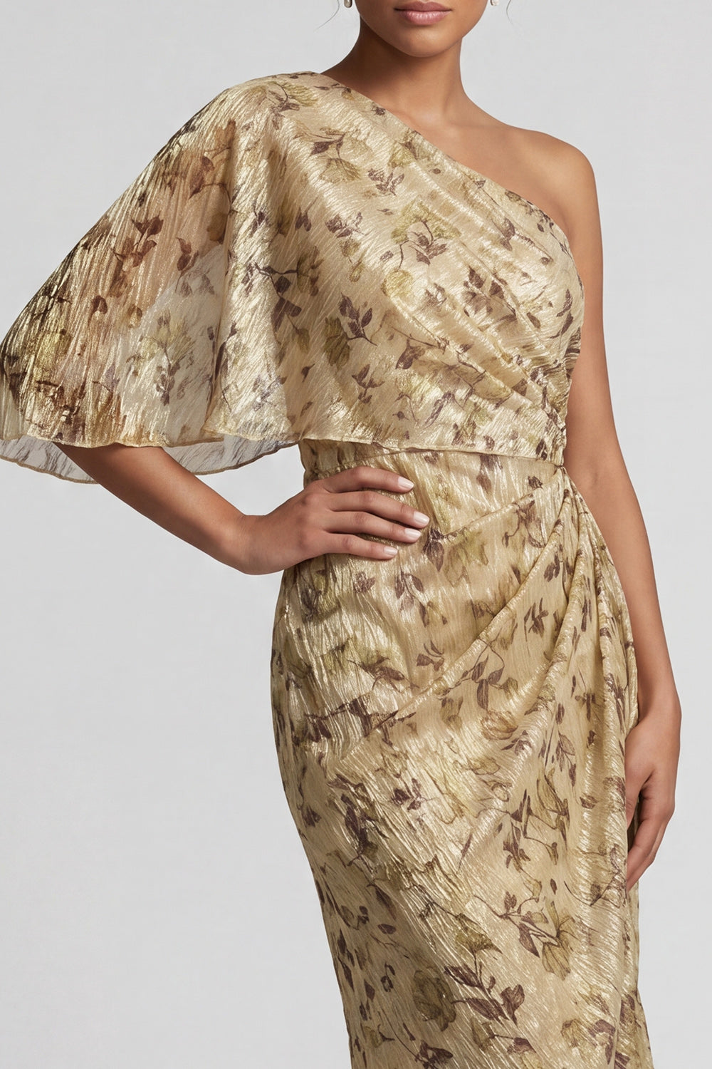 Floral Champagne Sheath Ruched Maxi Wedding Guest Dress with Side Cape