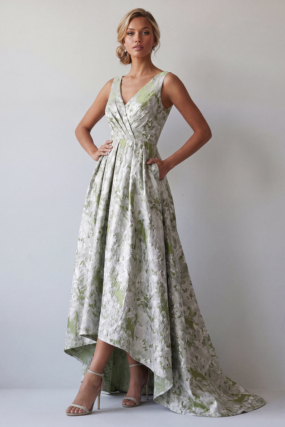 Floral A Line Light Green Maxi Ruched Wedding Guest Dress with Pockets