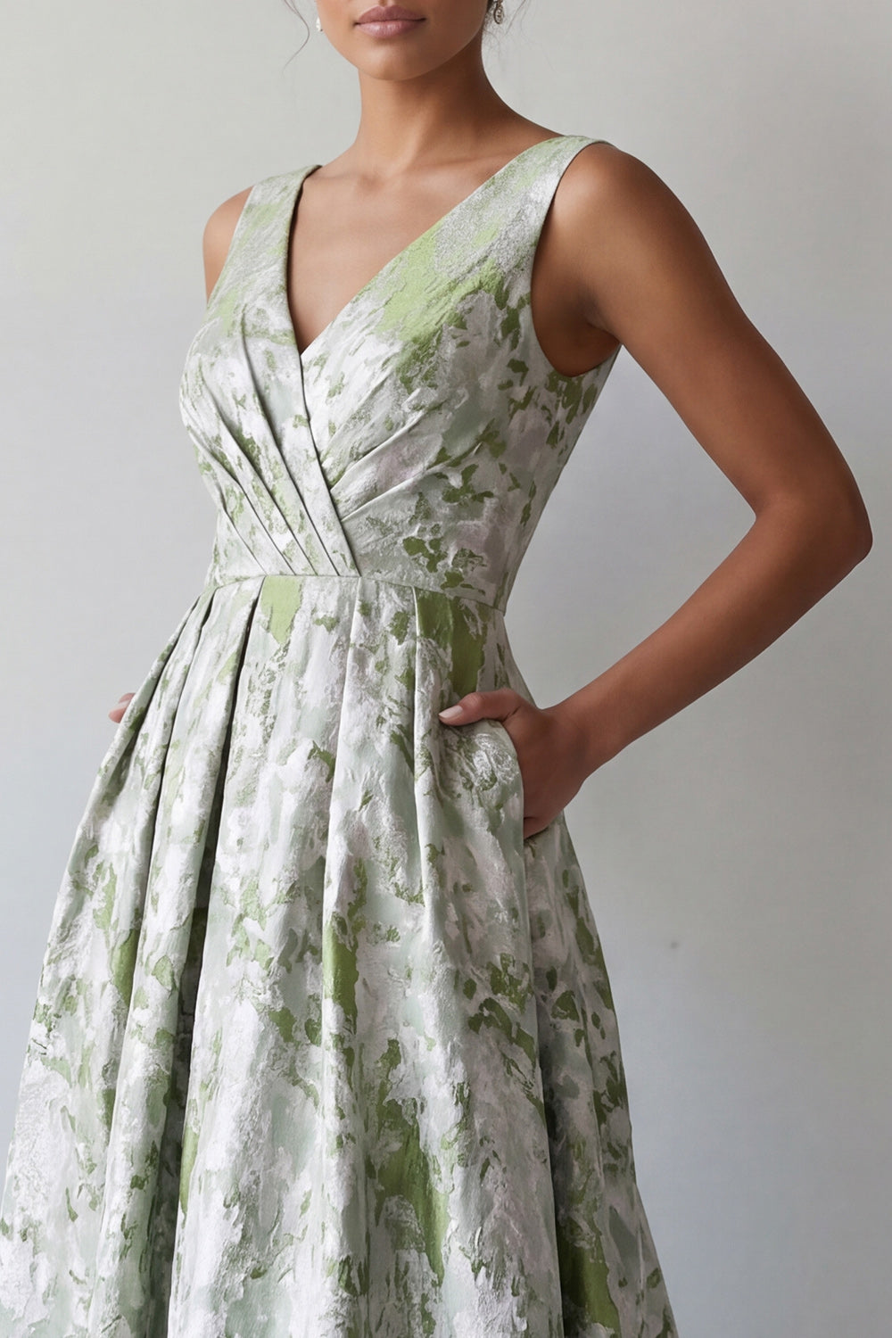 Floral A Line Light Green Maxi Ruched Wedding Guest Dress with Pockets